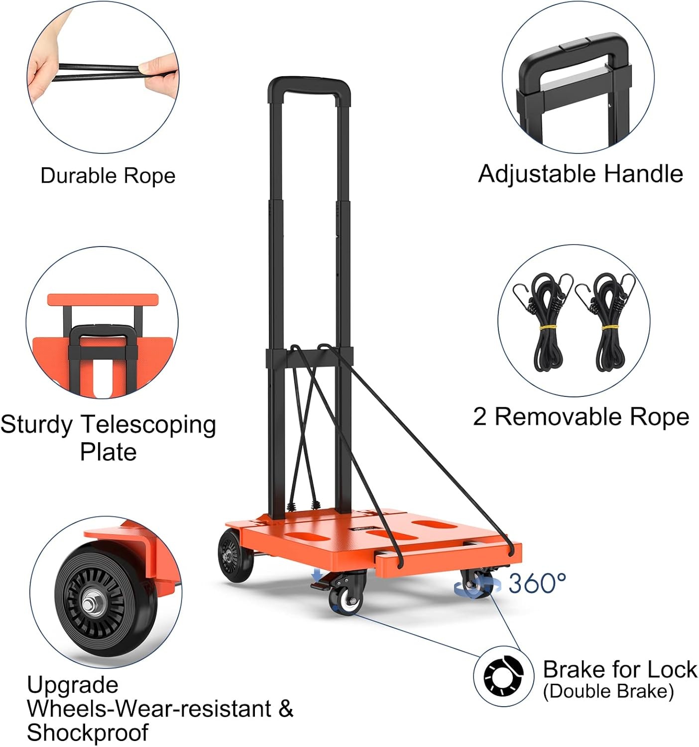 image:imageSPACEKEEPER Foldable Hand Truck Dolly 265 LB Folding Luggage Cart with Wheels Portable Flatbed Cart Collapsible Hand Truck for Luggage Travel Moving Shopping Office Use Orange