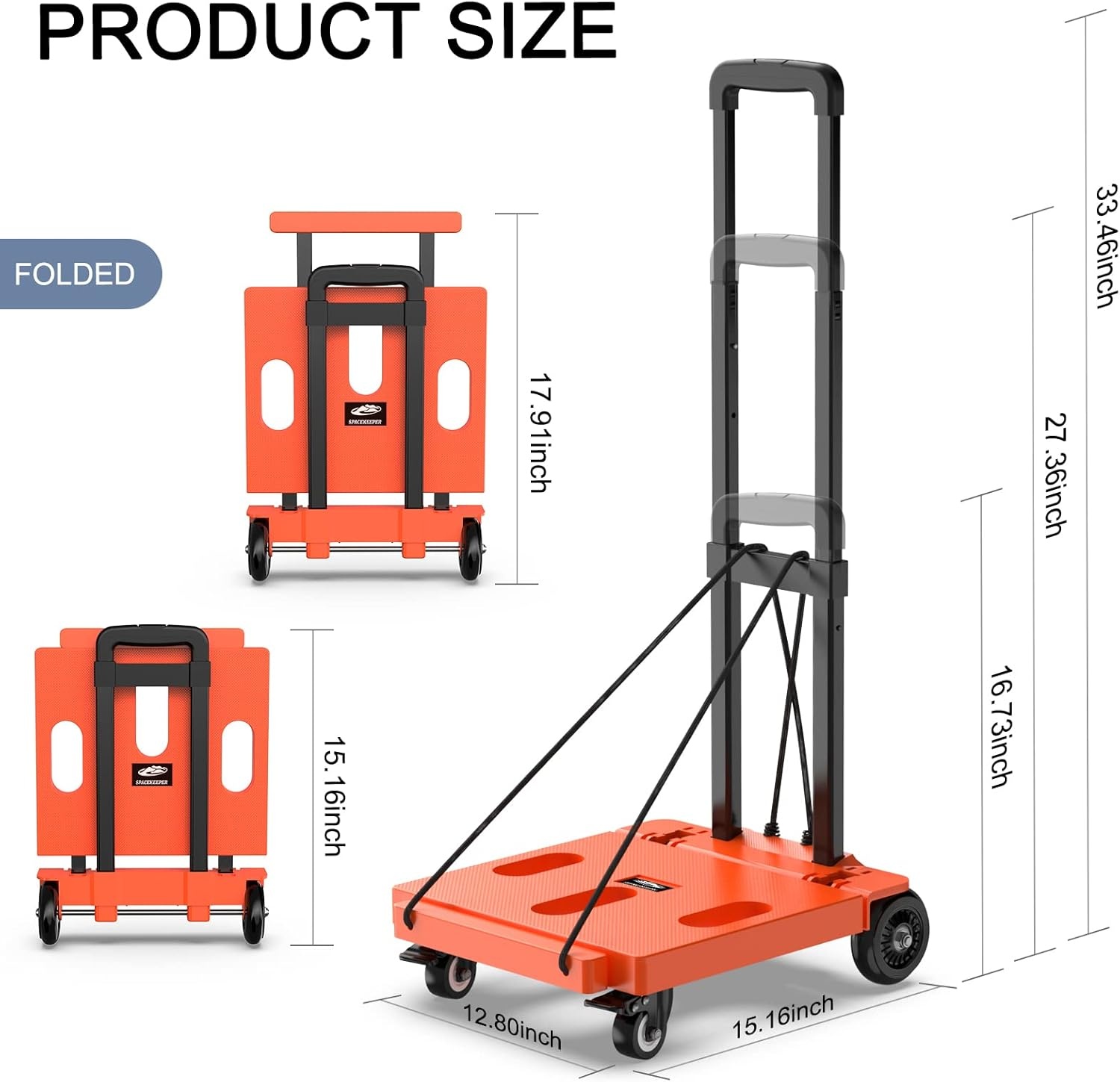 image:imageSPACEKEEPER Foldable Hand Truck Dolly 265 LB Folding Luggage Cart with Wheels Portable Flatbed Cart Collapsible Hand Truck for Luggage Travel Moving Shopping Office Use Orange