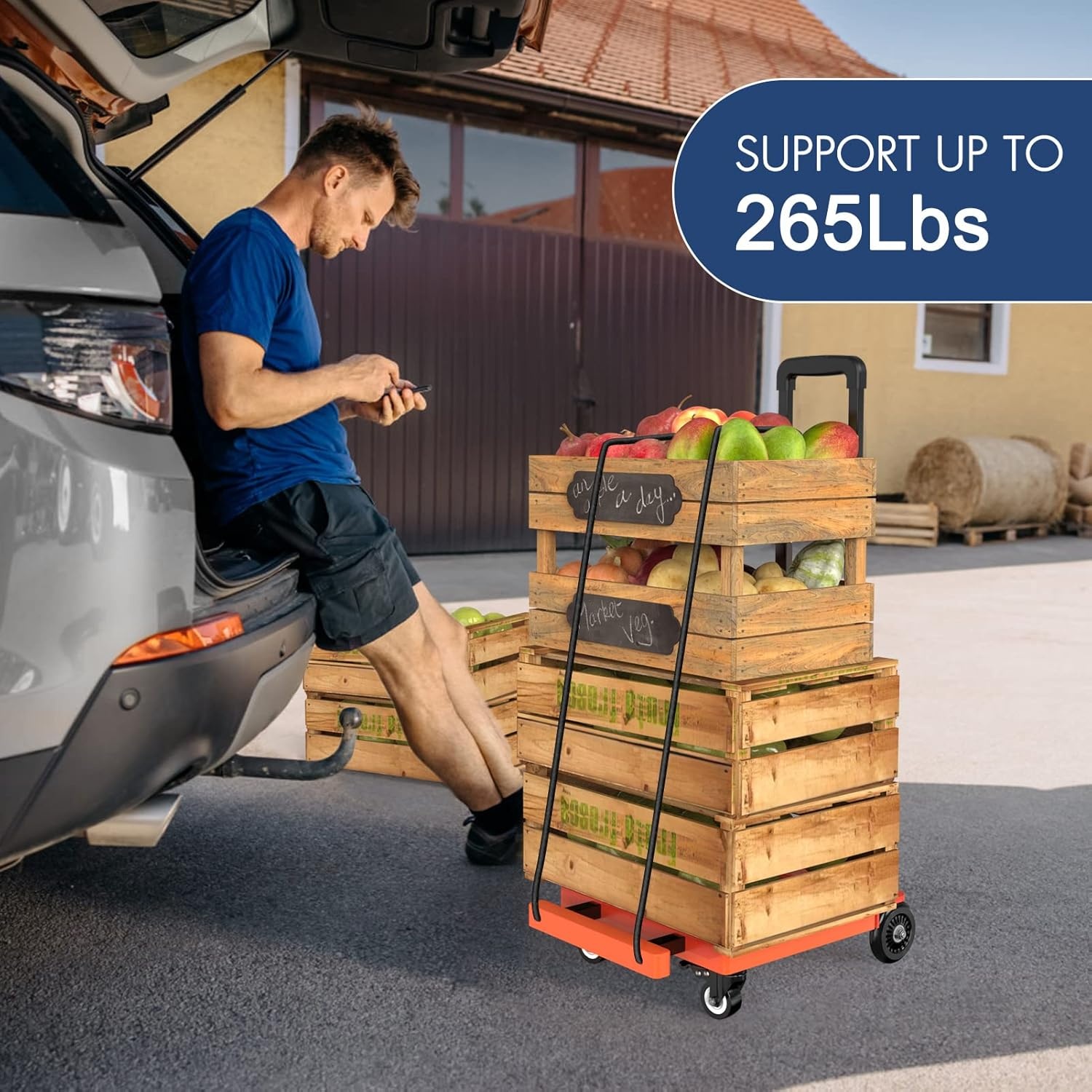 image:imageSPACEKEEPER Foldable Hand Truck Dolly 265 LB Folding Luggage Cart with Wheels Portable Flatbed Cart Collapsible Hand Truck for Luggage Travel Moving Shopping Office Use Orange