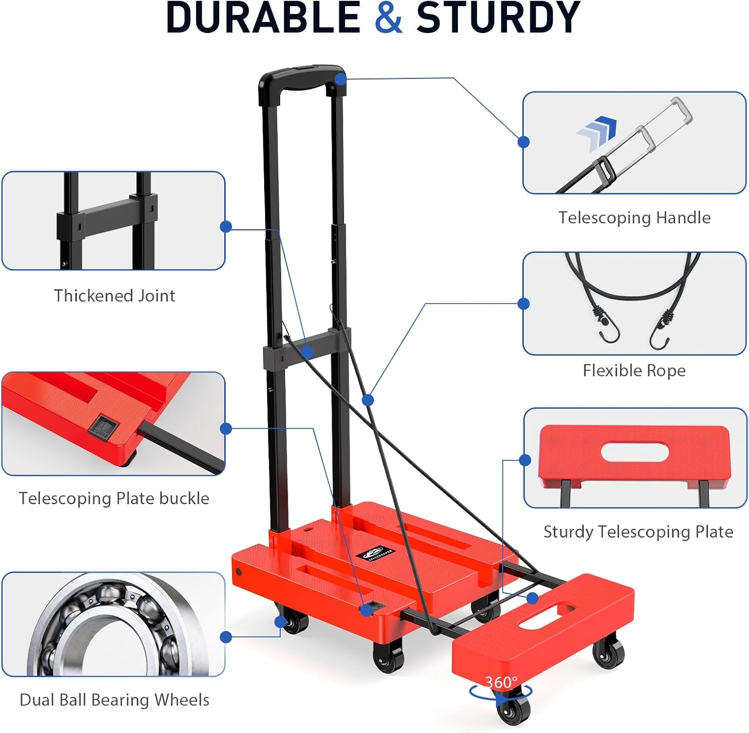image:imageSPACEKEEPER Folding Hand Truck 500 LB Capacity Luggage Cart Portable Folding Dolly with 6 Wheels and 2 Elastic Ropes for Luggage Personal Travel Auto Moving and Office Use BlueOrange