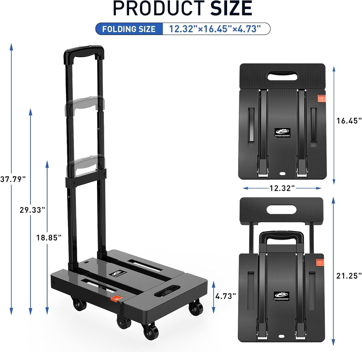 image:imageSPACEKEEPER Folding Hand Truck 500 LB Capacity Luggage Cart Portable Folding Dolly with 6 Wheels and 2 Elastic Ropes for Luggage Personal Travel Auto Moving and Office Use BlueBlack