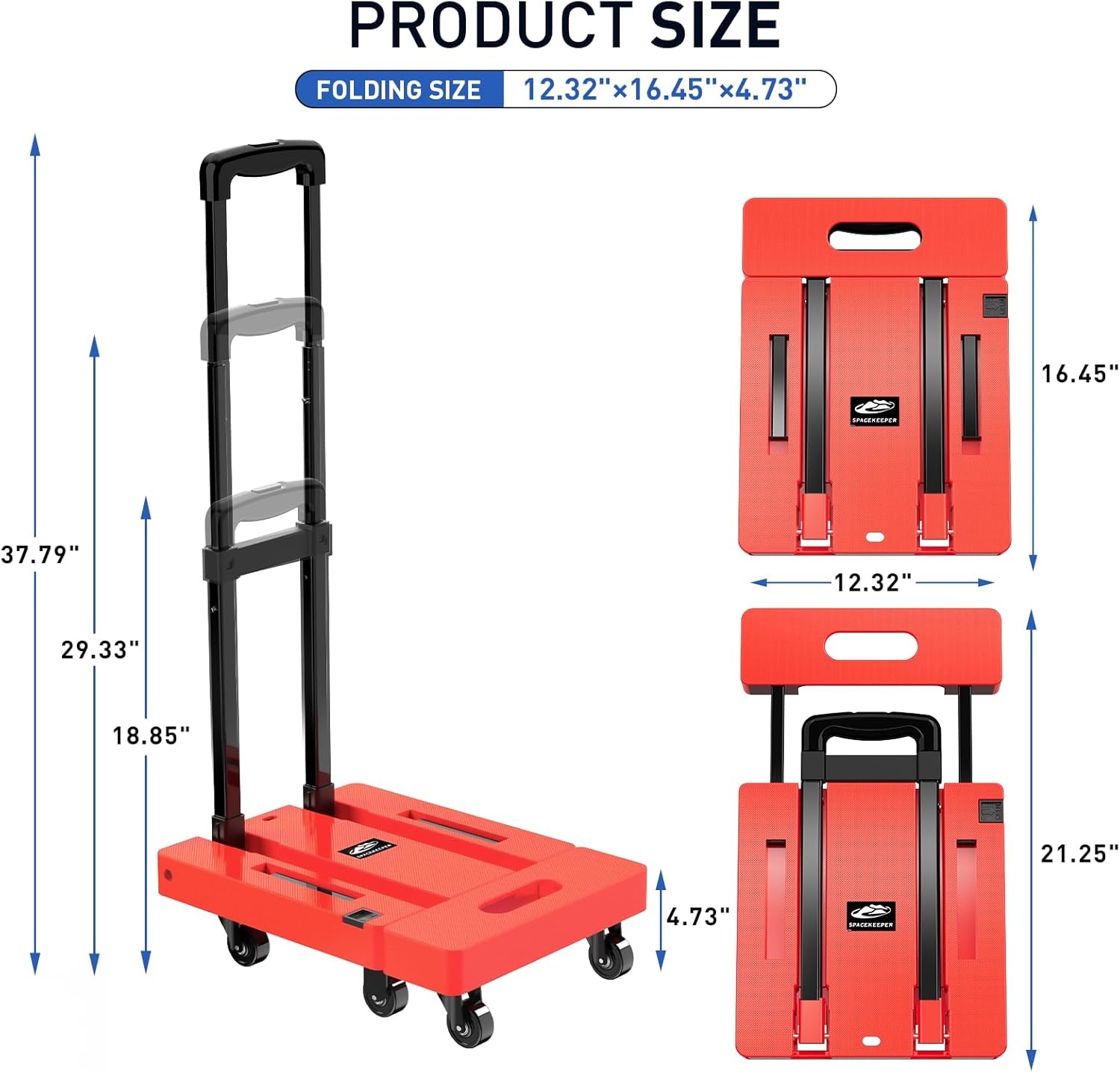 image:imageSPACEKEEPER Folding Hand Truck 500 LB Capacity Luggage Cart Portable Folding Dolly with 6 Wheels and 2 Elastic Ropes for Luggage Personal Travel Auto Moving and Office Use BlueOrange