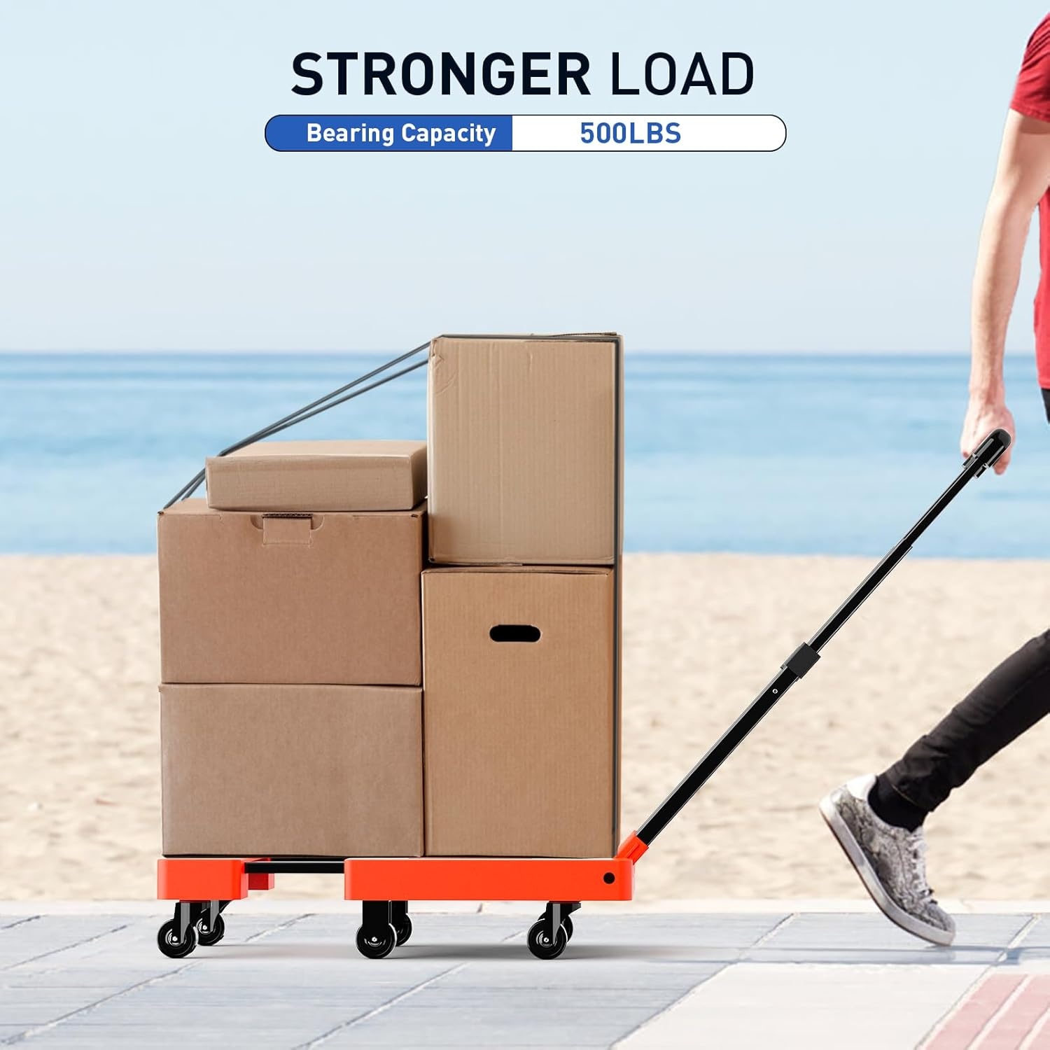 image:imageSPACEKEEPER Folding Hand Truck 500 LB Capacity Luggage Cart Portable Folding Dolly with 6 Wheels and 2 Elastic Ropes for Luggage Personal Travel Auto Moving and Office Use BlueOrange