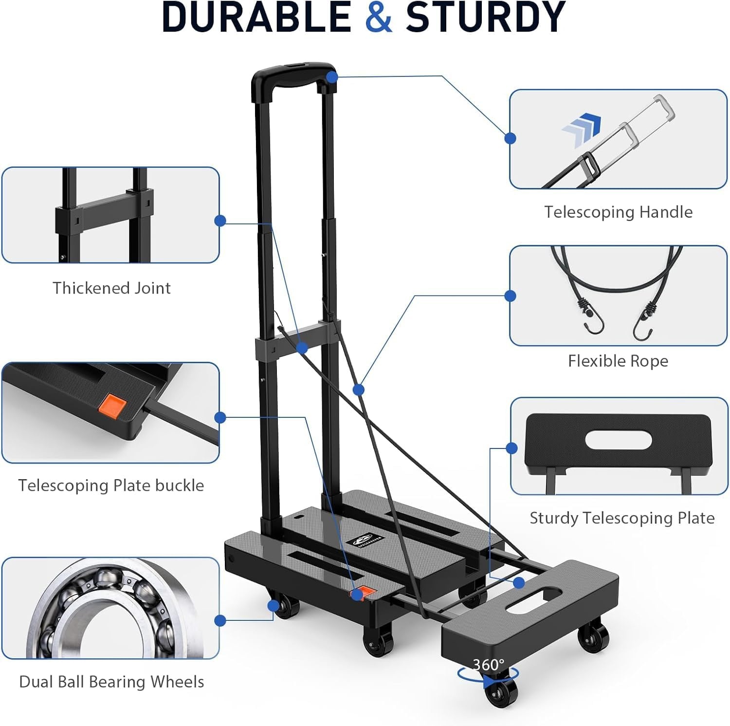 image:imageSPACEKEEPER Folding Hand Truck 500 LB Capacity Luggage Cart Portable Folding Dolly with 6 Wheels and 2 Elastic Ropes for Luggage Personal Travel Auto Moving and Office Use BlueBlack