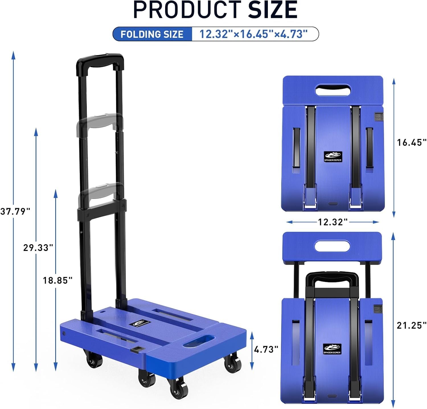 image:imageSPACEKEEPER Folding Hand Truck 500 LB Capacity Luggage Cart Portable Folding Dolly with 6 Wheels and 2 Elastic Ropes for Luggage Personal Travel Auto Moving and Office Use BlueBlue