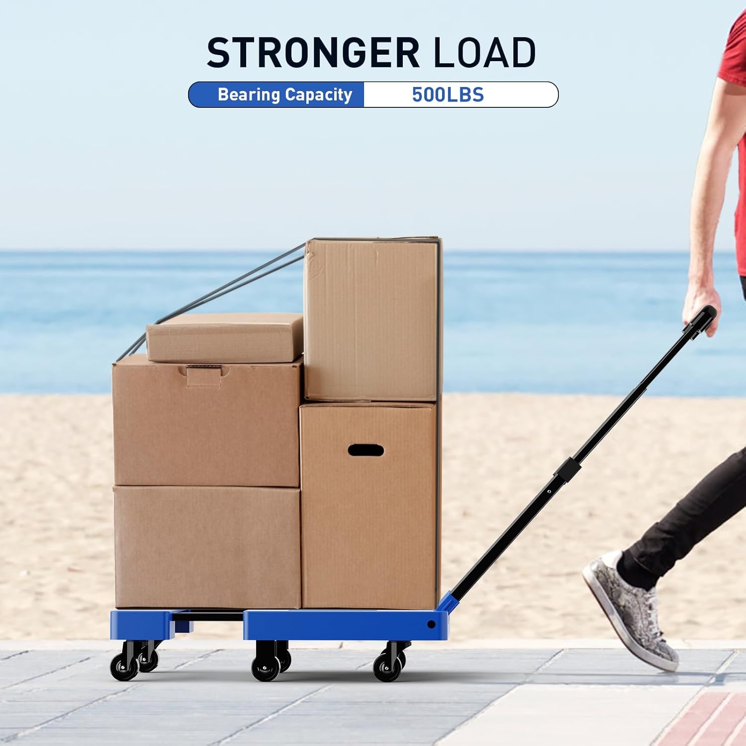 image:imageSPACEKEEPER Folding Hand Truck 500 LB Capacity Luggage Cart Portable Folding Dolly with 6 Wheels and 2 Elastic Ropes for Luggage Personal Travel Auto Moving and Office Use BlueBlue