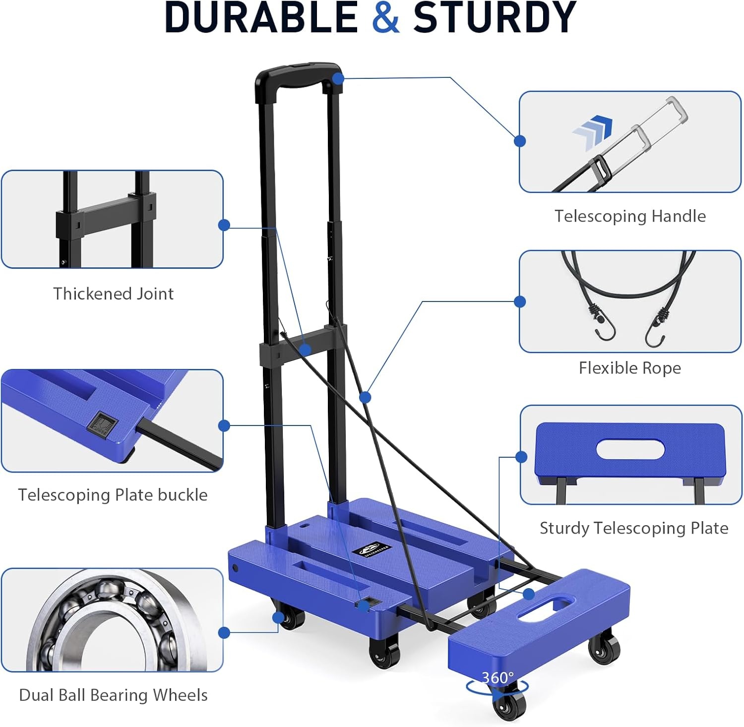 image:imageSPACEKEEPER Folding Hand Truck 500 LB Capacity Luggage Cart Portable Folding Dolly with 6 Wheels and 2 Elastic Ropes for Luggage Personal Travel Auto Moving and Office Use BlueBlue