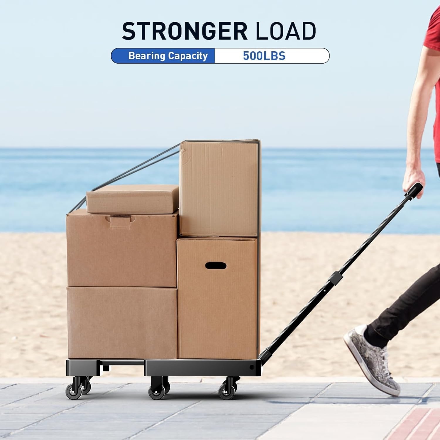 image:imageSPACEKEEPER Folding Hand Truck 500 LB Capacity Luggage Cart Portable Folding Dolly with 6 Wheels and 2 Elastic Ropes for Luggage Personal Travel Auto Moving and Office Use BlueBlack
