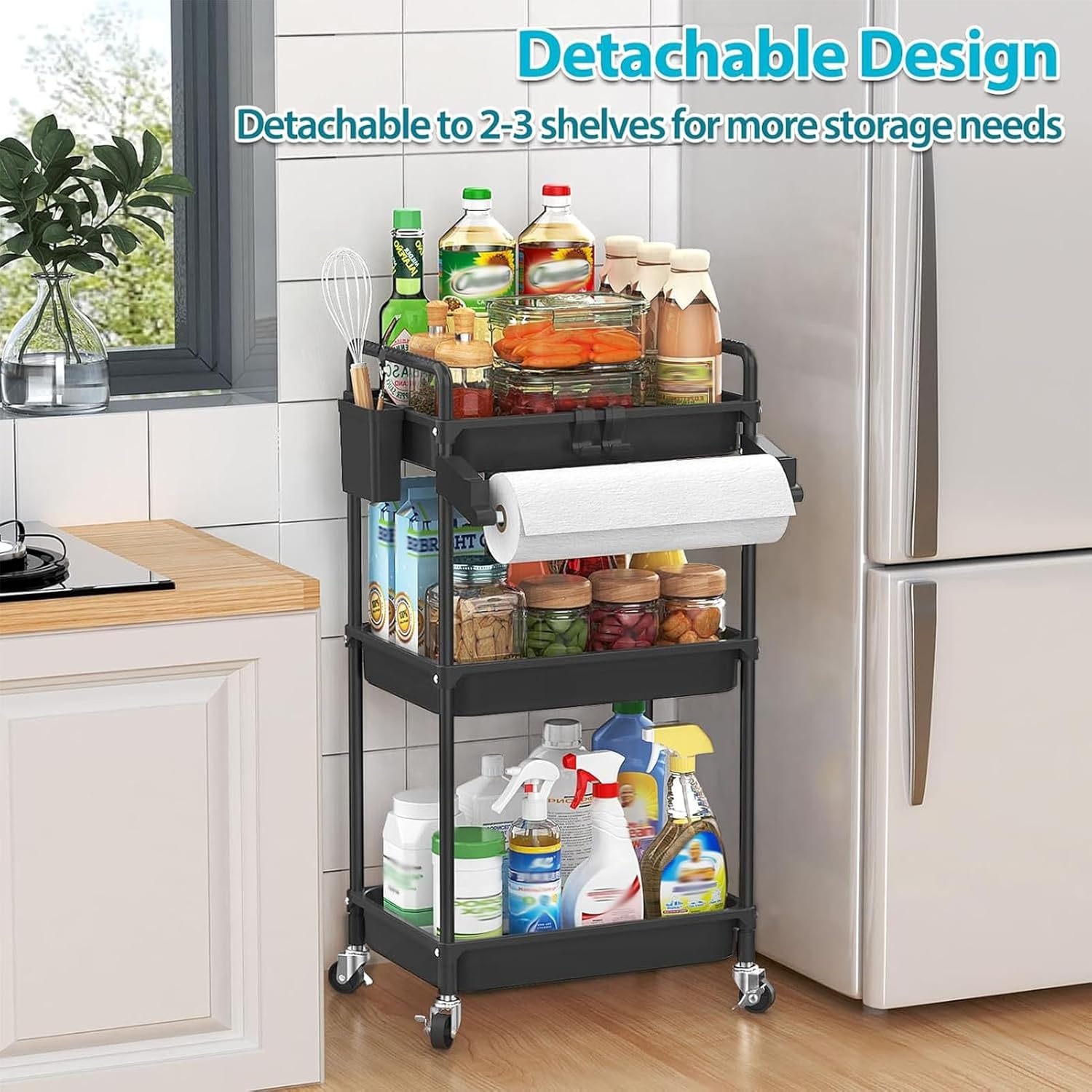 image:imageSPACEKEEPER Rolling Storage Cart 3 Tier Utility Cart Laundry Room Organization Mobile Shelving Unit Bathroom Organizer with Towel Rack Lockable Wheel Hooks amp Cup for Kitchen Office BlackBlack