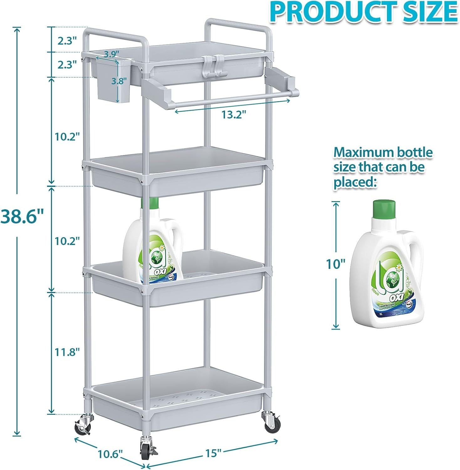 image:imageSPACEKEEPER Rolling Storage Cart 3 Tier Utility Cart Laundry Room Organization Mobile Shelving Unit Bathroom Organizer with Towel Rack Lockable Wheel Hooks amp Cup for Kitchen Office BlackGrey