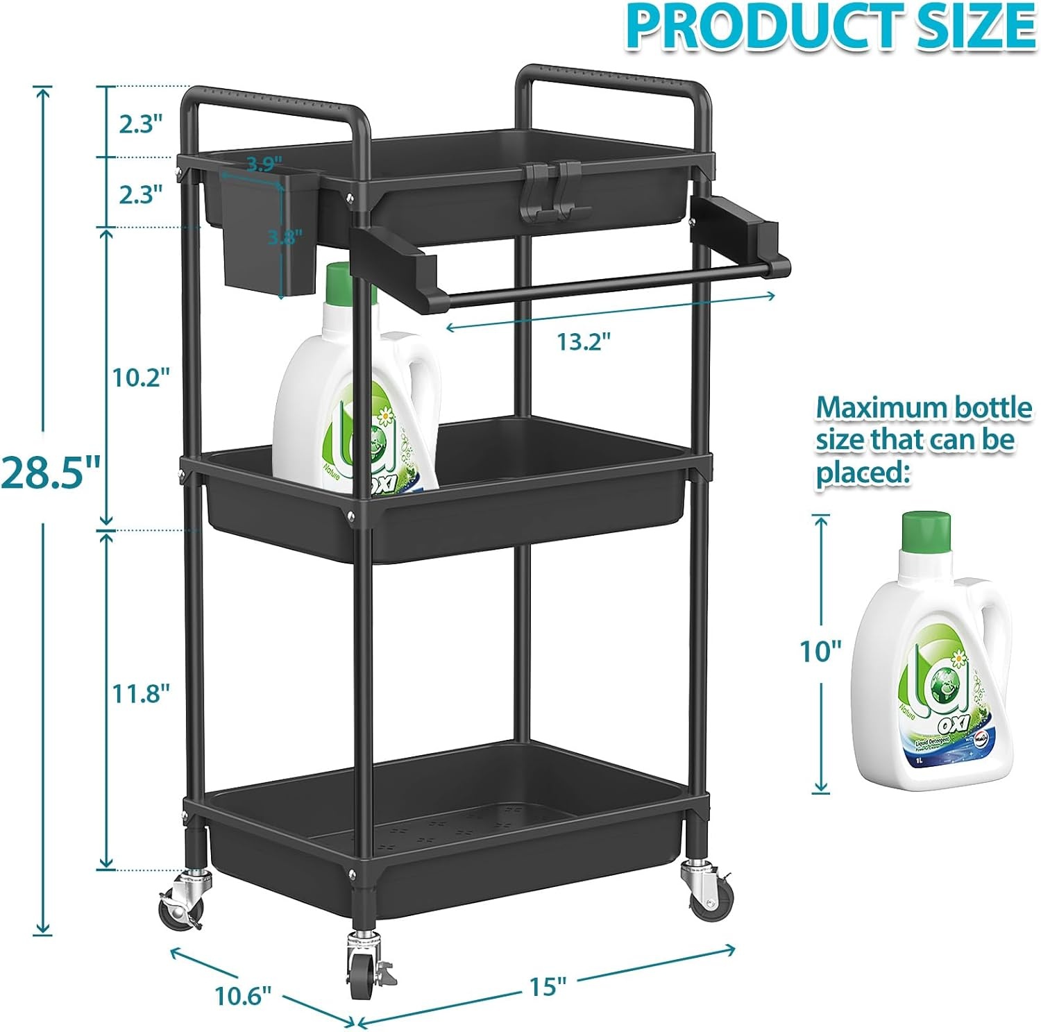 image:imageSPACEKEEPER Rolling Storage Cart 3 Tier Utility Cart Laundry Room Organization Mobile Shelving Unit Bathroom Organizer with Towel Rack Lockable Wheel Hooks amp Cup for Kitchen Office BlackBlack