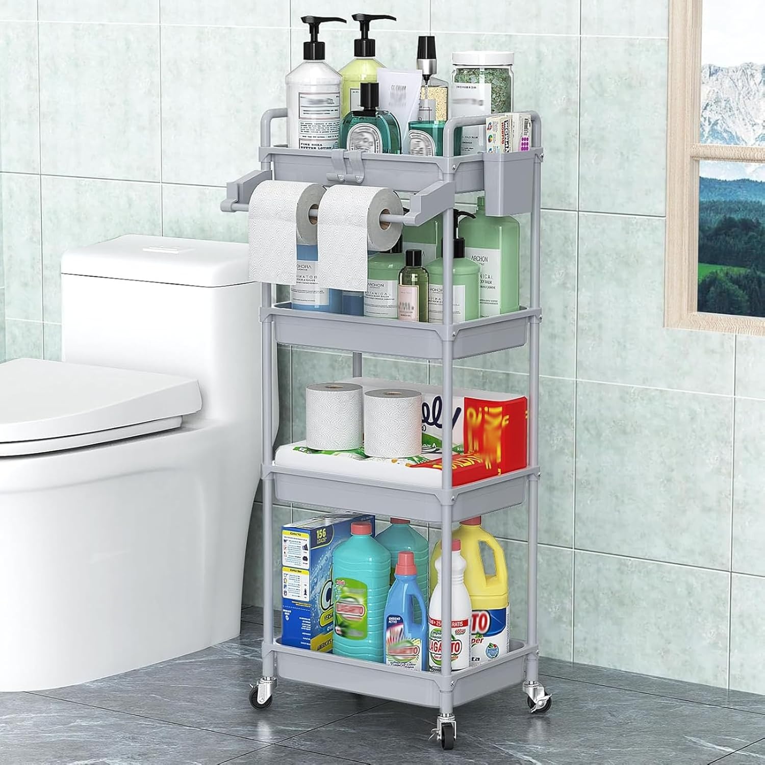 image:imageSPACEKEEPER Rolling Storage Cart 3 Tier Utility Cart Laundry Room Organization Mobile Shelving Unit Bathroom Organizer with Towel Rack Lockable Wheel Hooks amp Cup for Kitchen Office BlackGrey
