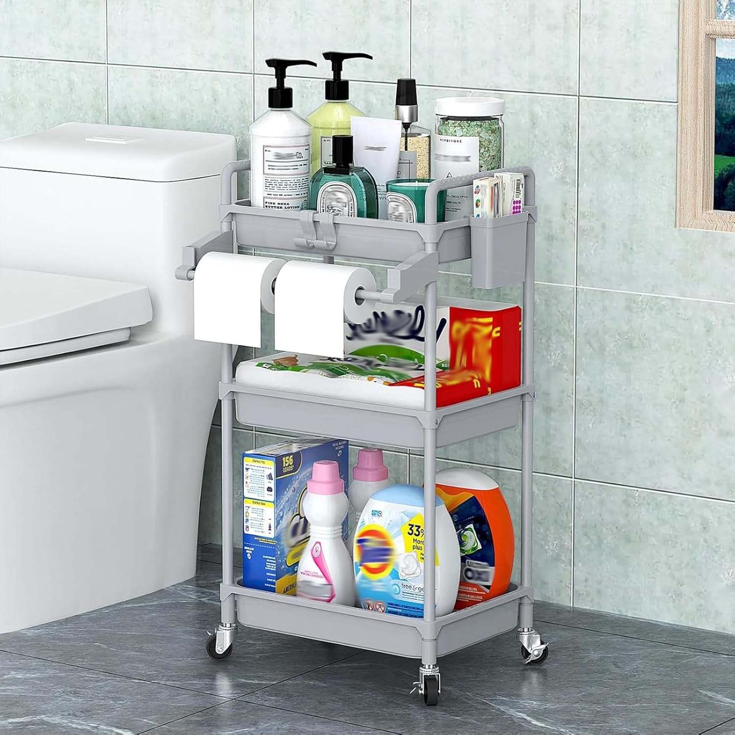 image:imageSPACEKEEPER Rolling Storage Cart 3 Tier Utility Cart Laundry Room Organization Mobile Shelving Unit Bathroom Organizer with Towel Rack Lockable Wheel Hooks amp Cup for Kitchen Office BlackGrey
