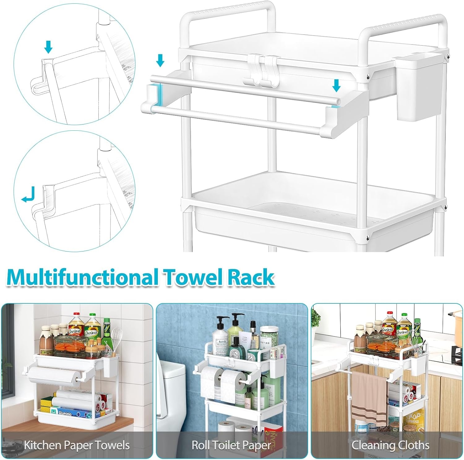 image:imageSPACEKEEPER Rolling Storage Cart 3 Tier Utility Cart Laundry Room Organization Mobile Shelving Unit Bathroom Organizer with Towel Rack Lockable Wheel Hooks amp Cup for Kitchen Office BlackWhite