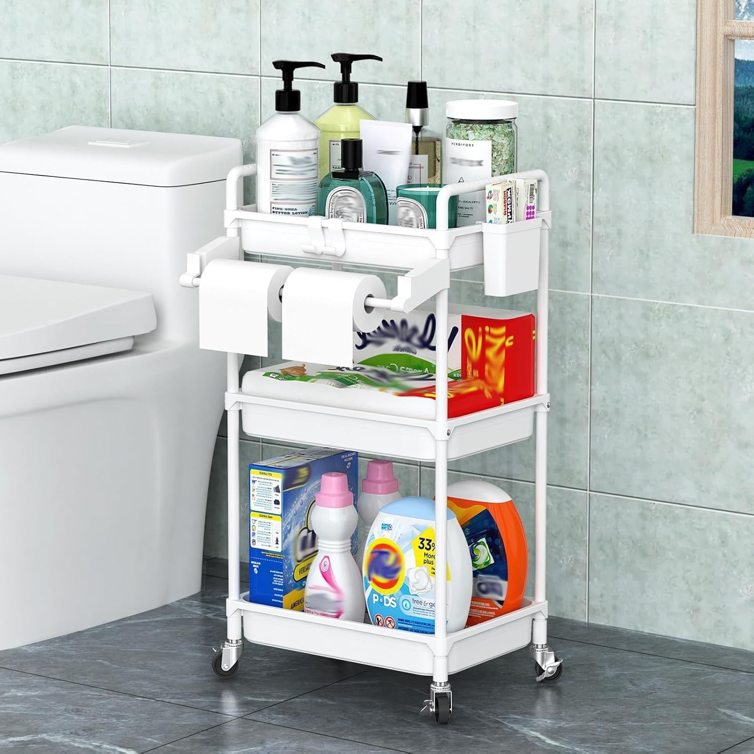 image:imageSPACEKEEPER Rolling Storage Cart 3 Tier Utility Cart Laundry Room Organization Mobile Shelving Unit Bathroom Organizer with Towel Rack Lockable Wheel Hooks amp Cup for Kitchen Office BlackWhite