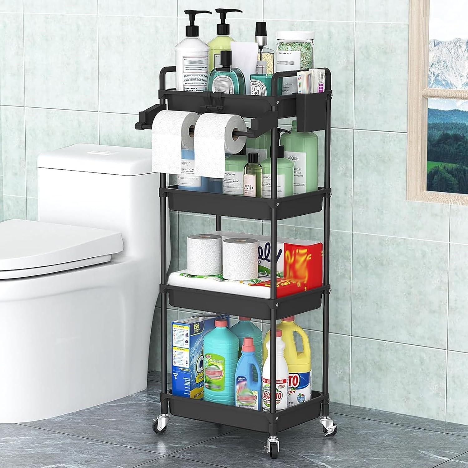 image:imageSPACEKEEPER Rolling Storage Cart 3 Tier Utility Cart Laundry Room Organization Mobile Shelving Unit Bathroom Organizer with Towel Rack Lockable Wheel Hooks amp Cup for Kitchen Office BlackBlack