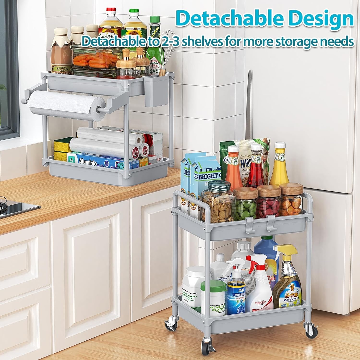 image:imageSPACEKEEPER Rolling Storage Cart 3 Tier Utility Cart Laundry Room Organization Mobile Shelving Unit Bathroom Organizer with Towel Rack Lockable Wheel Hooks amp Cup for Kitchen Office BlackGrey