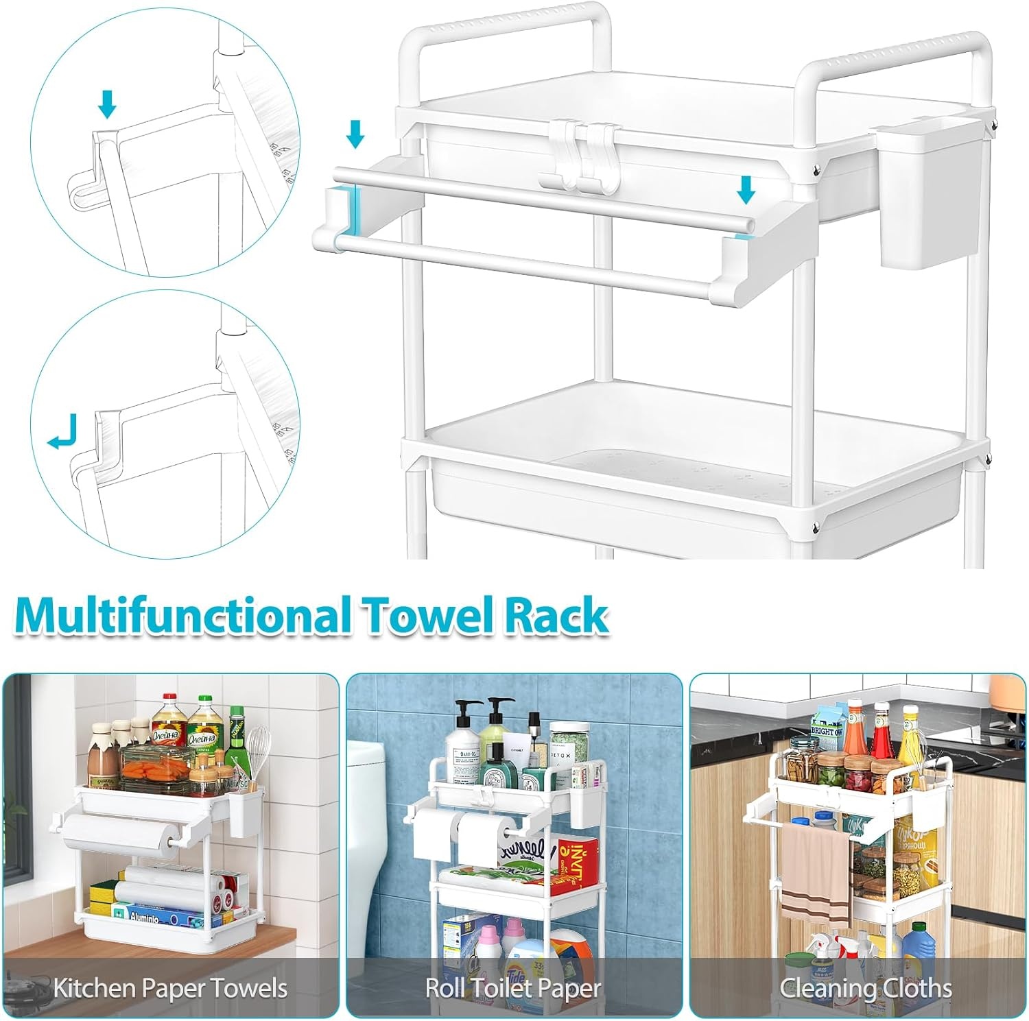 image:imageSPACEKEEPER Rolling Storage Cart 3 Tier Utility Cart Laundry Room Organization Mobile Shelving Unit Bathroom Organizer with Towel Rack Lockable Wheel Hooks amp Cup for Kitchen Office BlackWhite