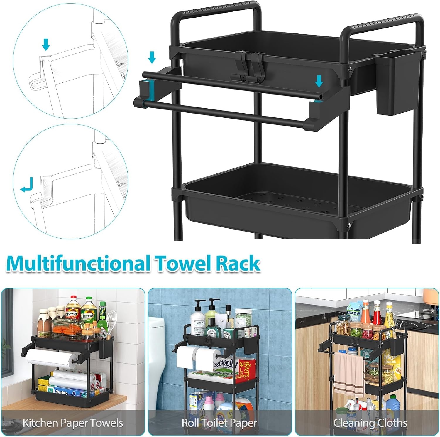 image:imageSPACEKEEPER Rolling Storage Cart 4Tier Bathroom Organizer Utility Cart Laundry Room Organization Mobile Shelving Unit with Towel Rack Lockable Wheel Hooks amp Cup for Kitchen Bedroom Office GreyBlack