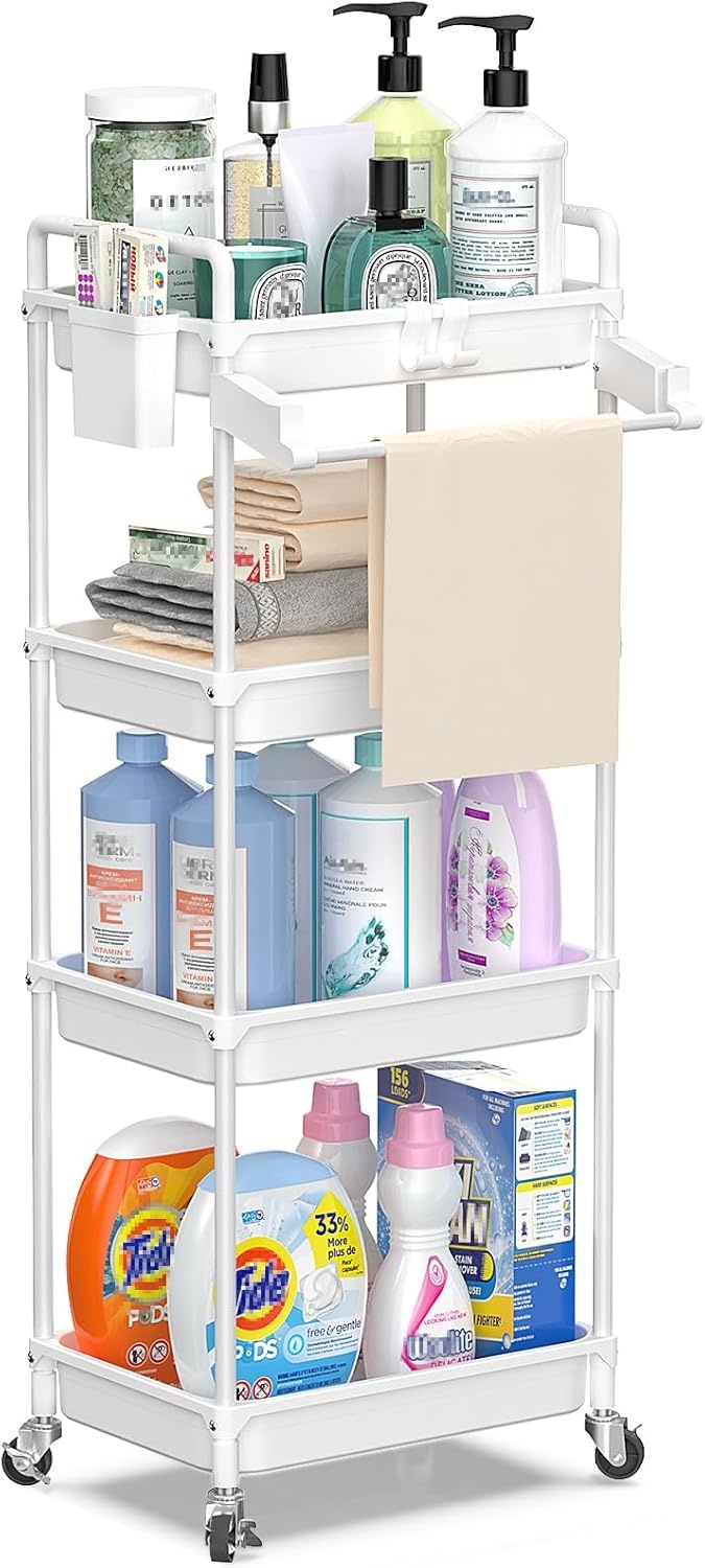 image:imageSPACEKEEPER Rolling Storage Cart 4Tier Bathroom Organizer Utility Cart Laundry Room Organization Mobile Shelving Unit with Towel Rack Lockable Wheel Hooks amp Cup for Kitchen Bedroom Office GreyWhite