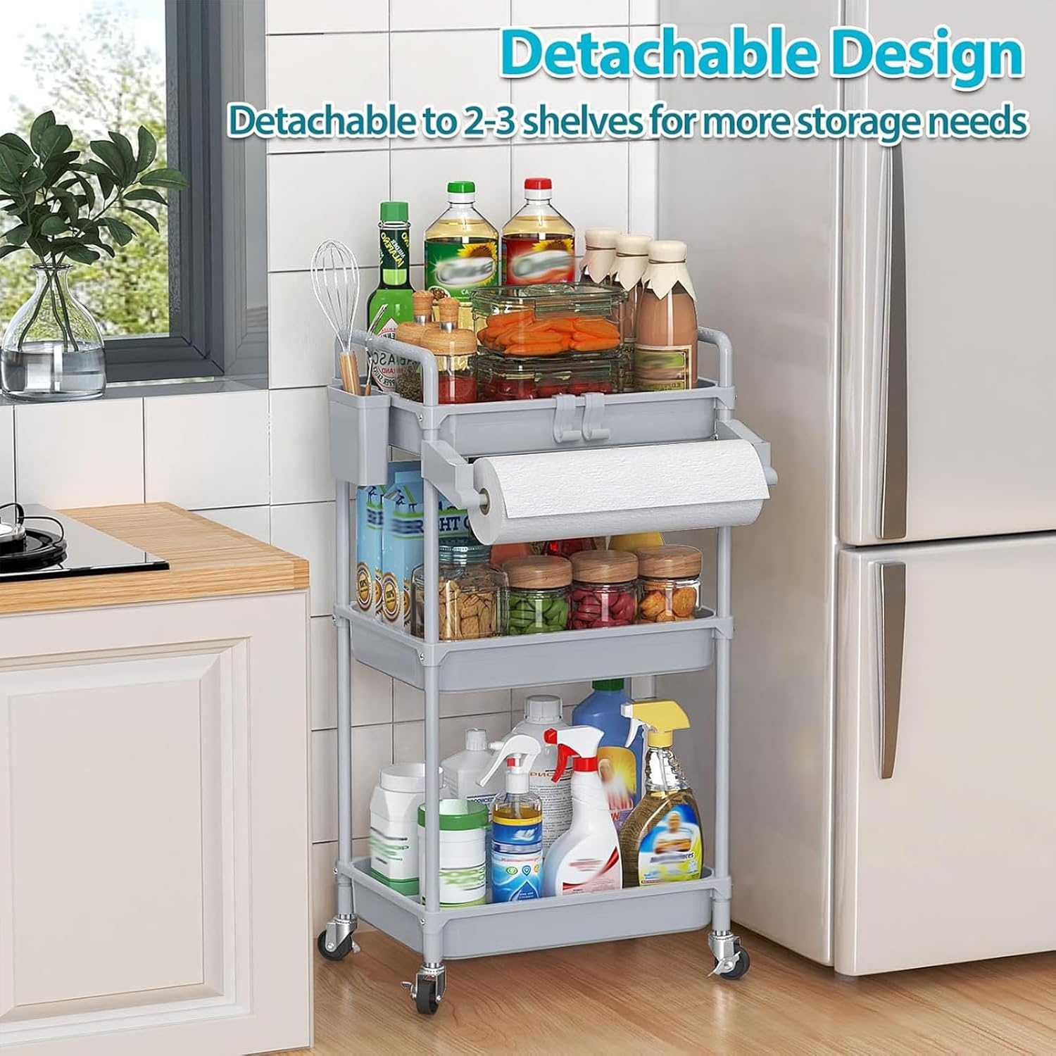 image:imageSPACEKEEPER Rolling Storage Cart 4Tier Bathroom Organizer Utility Cart Laundry Room Organization Mobile Shelving Unit with Towel Rack Lockable Wheel Hooks amp Cup for Kitchen Bedroom Office GreyGrey