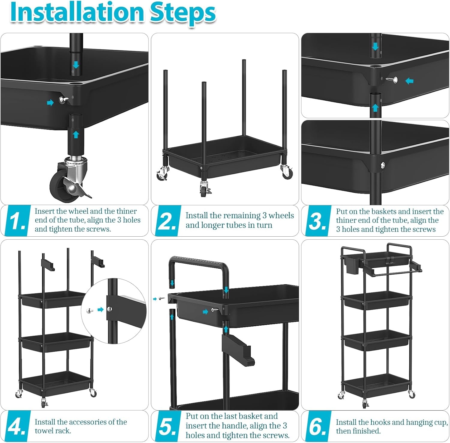 image:imageSPACEKEEPER Rolling Storage Cart 4Tier Bathroom Organizer Utility Cart Laundry Room Organization Mobile Shelving Unit with Towel Rack Lockable Wheel Hooks amp Cup for Kitchen Bedroom Office GreyBlack