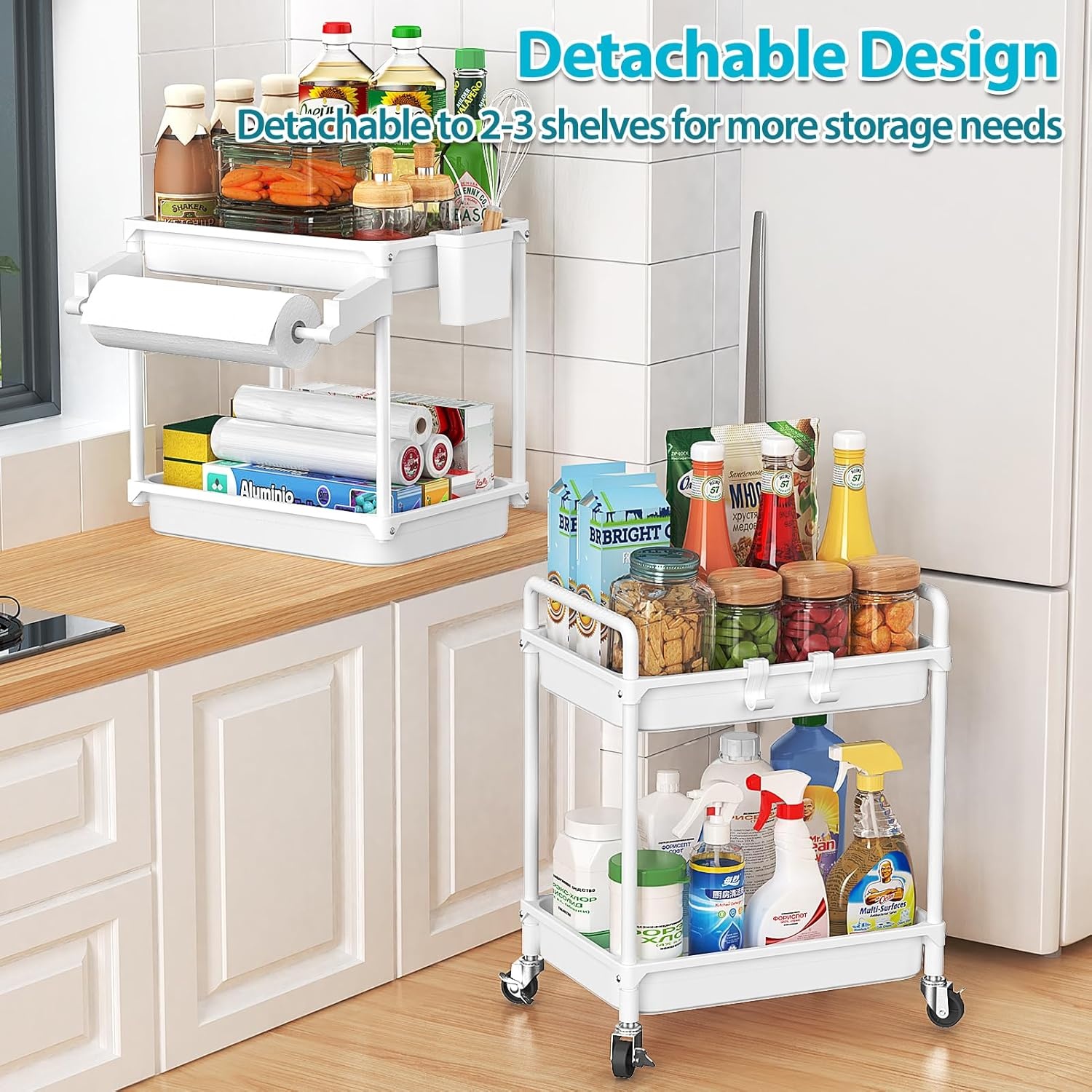 image:imageSPACEKEEPER Rolling Storage Cart 4Tier Bathroom Organizer Utility Cart Laundry Room Organization Mobile Shelving Unit with Towel Rack Lockable Wheel Hooks amp Cup for Kitchen Bedroom Office GreyWhite
