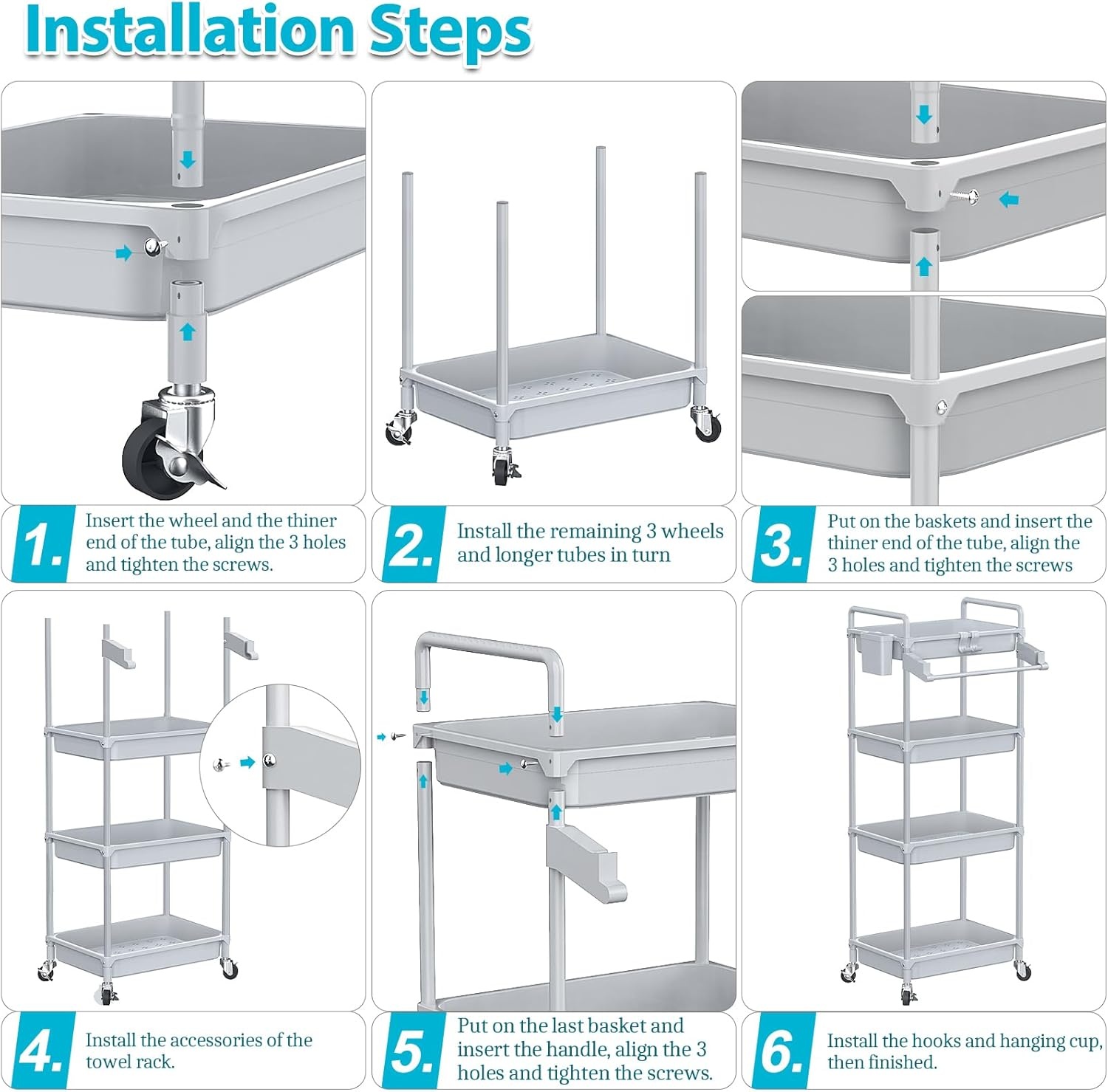 image:imageSPACEKEEPER Rolling Storage Cart 4Tier Bathroom Organizer Utility Cart Laundry Room Organization Mobile Shelving Unit with Towel Rack Lockable Wheel Hooks amp Cup for Kitchen Bedroom Office GreyGrey