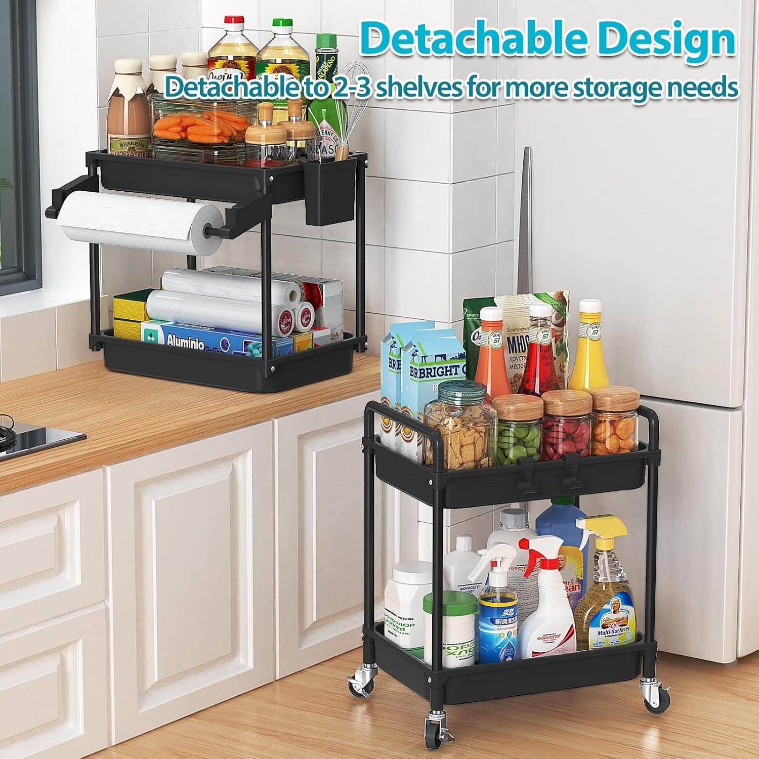 image:imageSPACEKEEPER Rolling Storage Cart 4Tier Bathroom Organizer Utility Cart Laundry Room Organization Mobile Shelving Unit with Towel Rack Lockable Wheel Hooks amp Cup for Kitchen Bedroom Office GreyBlack