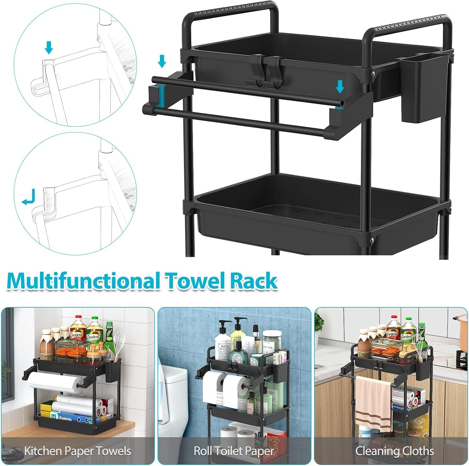 image:imageSPACEKEEPER Rolling Storage Cart 4Tier Bathroom Organizer Utility Cart Laundry Room Organization Mobile Shelving Unit with Towel Rack Lockable Wheel Hooks amp Cup for Kitchen Bedroom Office GreyBlack