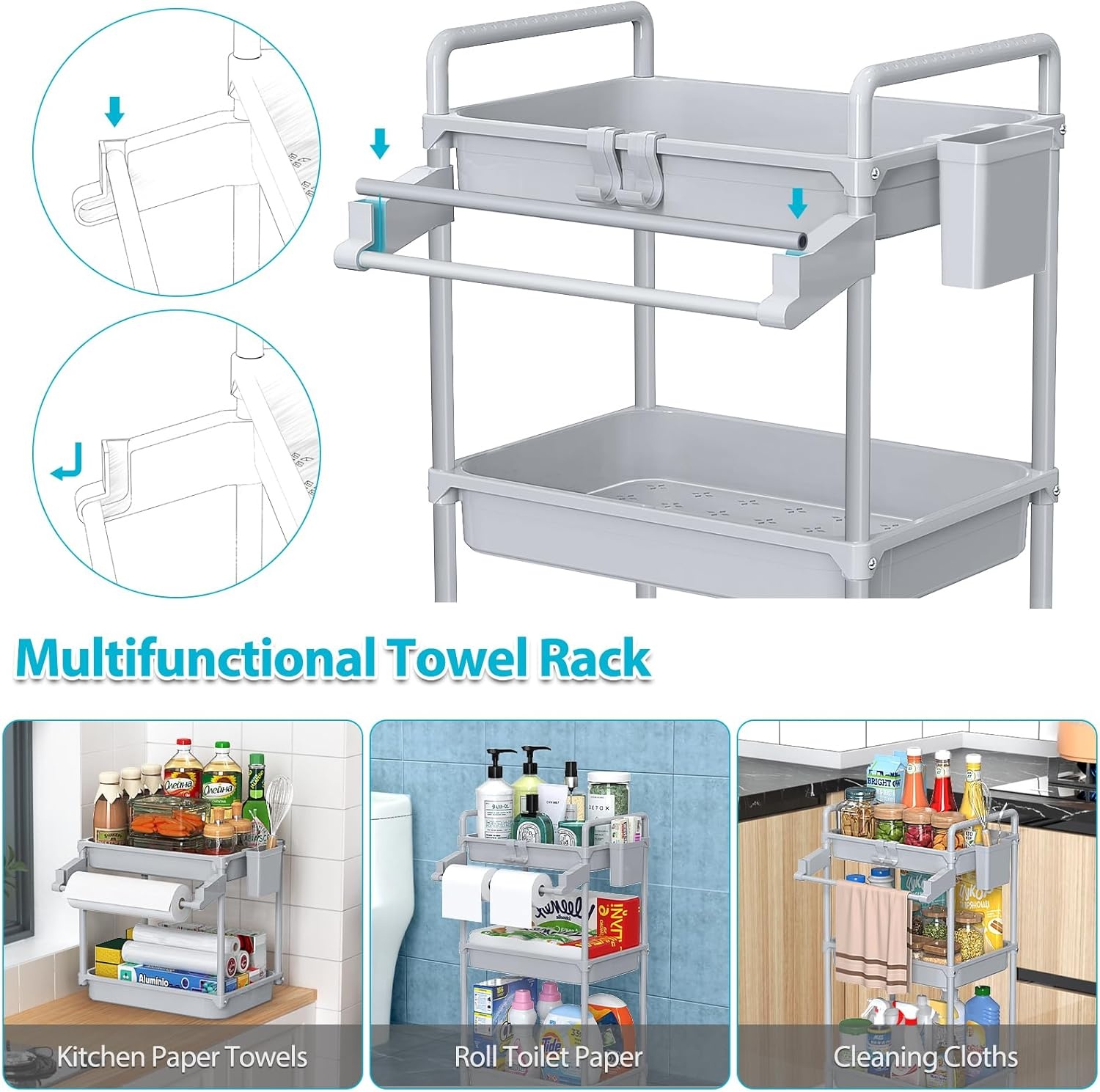 image:imageSPACEKEEPER Rolling Storage Cart 4Tier Bathroom Organizer Utility Cart Laundry Room Organization Mobile Shelving Unit with Towel Rack Lockable Wheel Hooks amp Cup for Kitchen Bedroom Office GreyGrey