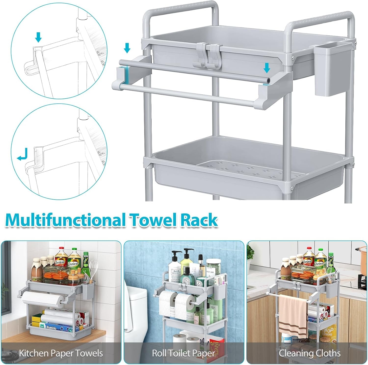 image:imageSPACEKEEPER Rolling Storage Cart 4Tier Bathroom Organizer Utility Cart Laundry Room Organization Mobile Shelving Unit with Towel Rack Lockable Wheel Hooks amp Cup for Kitchen Bedroom Office GreyGrey