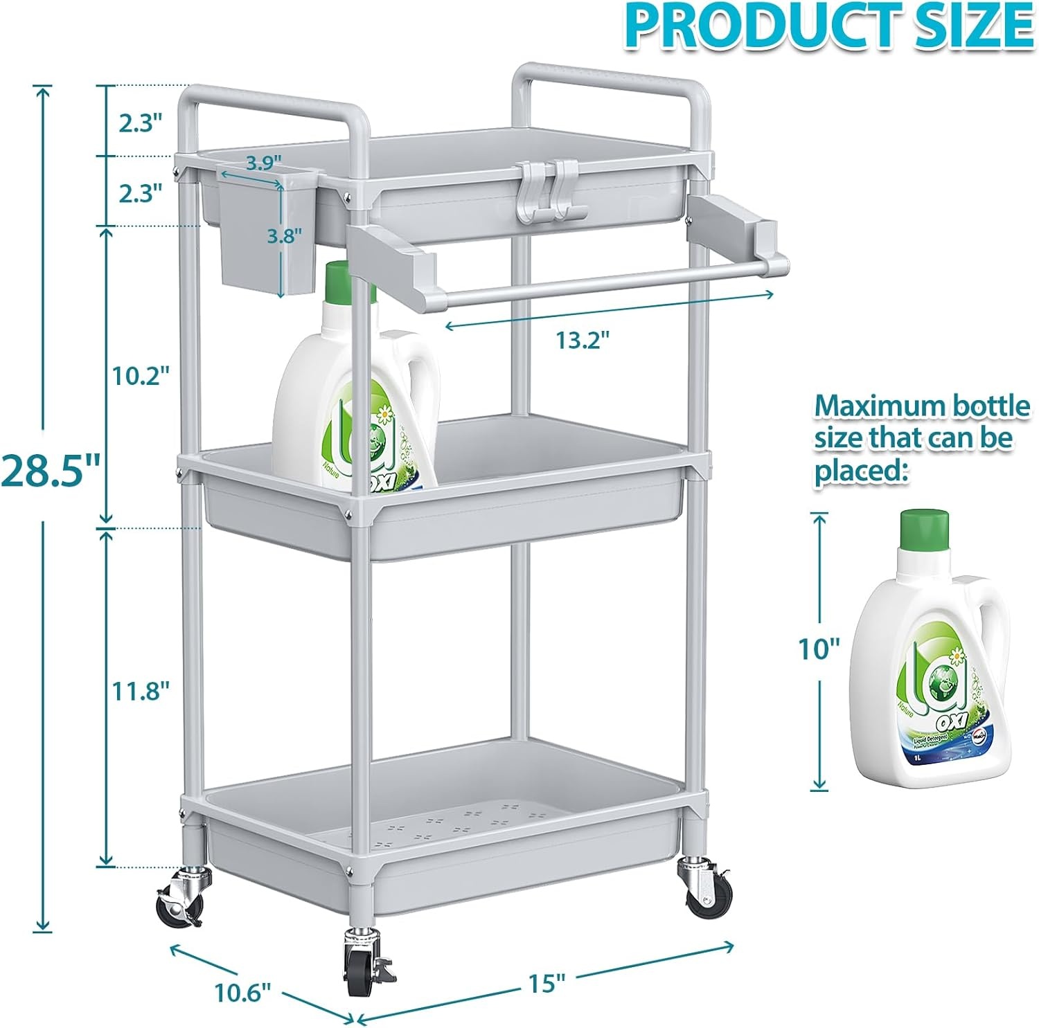 image:imageSPACEKEEPER Rolling Storage Cart 4Tier Bathroom Organizer Utility Cart Laundry Room Organization Mobile Shelving Unit with Towel Rack Lockable Wheel Hooks amp Cup for Kitchen Bedroom Office GreyGrey