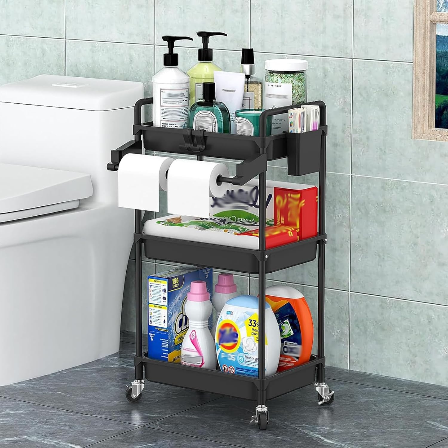 image:imageSPACEKEEPER Rolling Storage Cart 4Tier Bathroom Organizer Utility Cart Laundry Room Organization Mobile Shelving Unit with Towel Rack Lockable Wheel Hooks amp Cup for Kitchen Bedroom Office GreyBlack