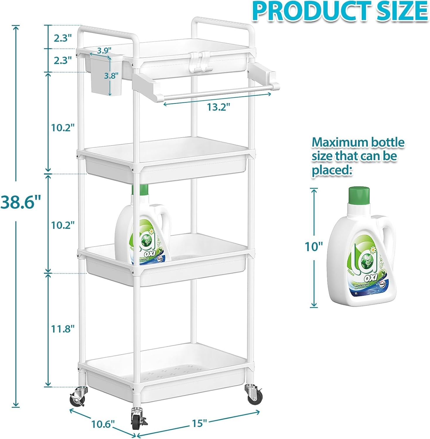 image:imageSPACEKEEPER Rolling Storage Cart 4Tier Bathroom Organizer Utility Cart Laundry Room Organization Mobile Shelving Unit with Towel Rack Lockable Wheel Hooks amp Cup for Kitchen Bedroom Office GreyWhite