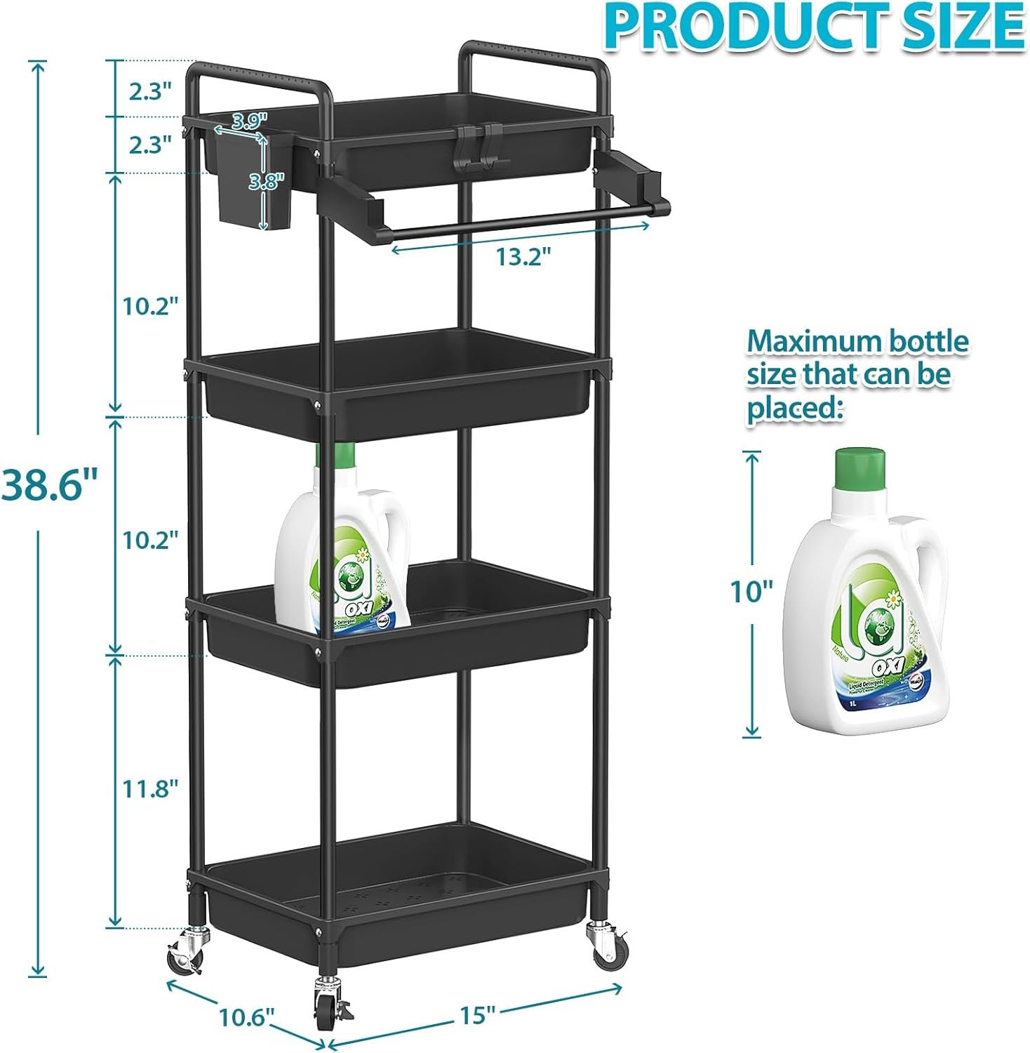 image:imageSPACEKEEPER Rolling Storage Cart 4Tier Bathroom Organizer Utility Cart Laundry Room Organization Mobile Shelving Unit with Towel Rack Lockable Wheel Hooks amp Cup for Kitchen Bedroom Office GreyBlack