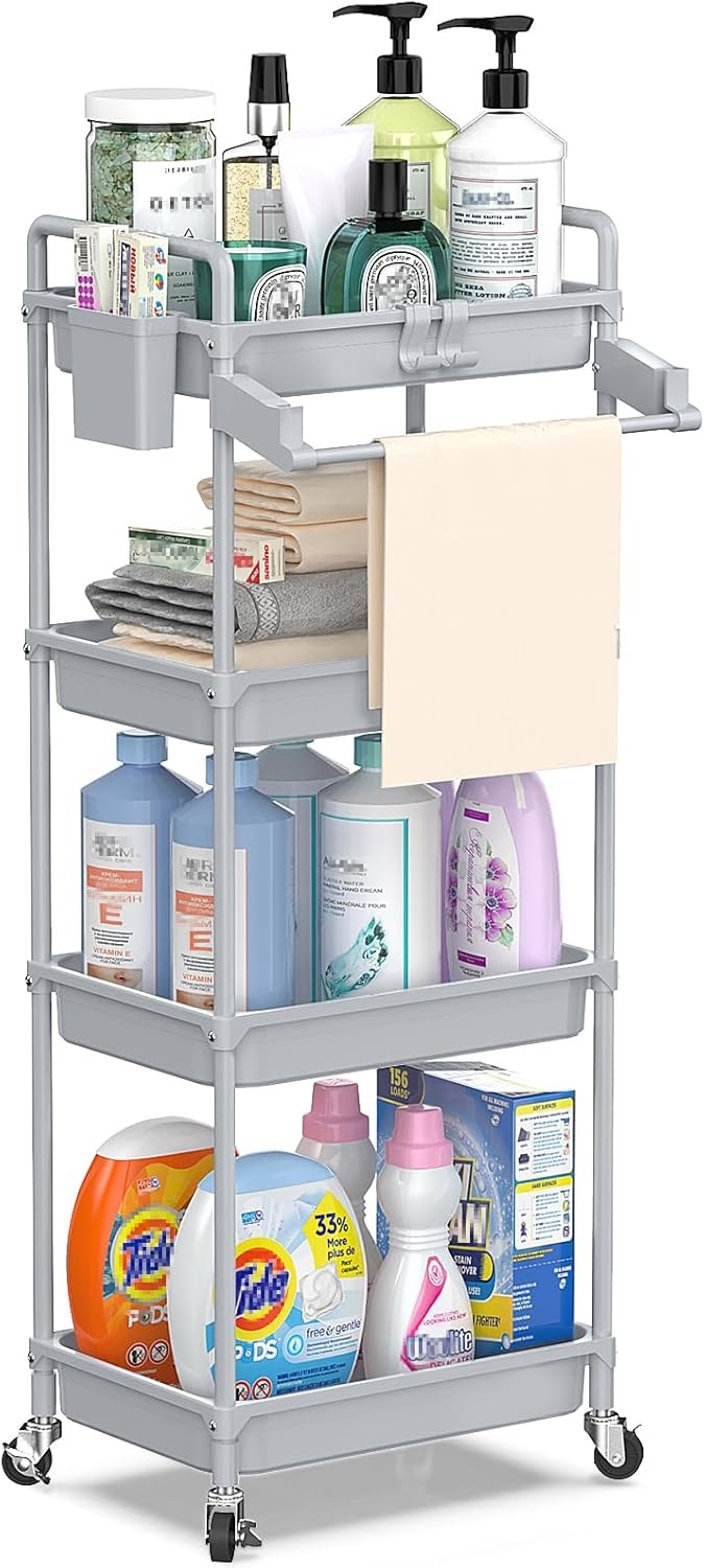 image:imageSPACEKEEPER Rolling Storage Cart 4Tier Bathroom Organizer Utility Cart Laundry Room Organization Mobile Shelving Unit with Towel Rack Lockable Wheel Hooks amp Cup for Kitchen Bedroom Office GreyGrey