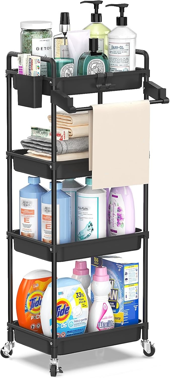 image:imageSPACEKEEPER Rolling Storage Cart 4Tier Bathroom Organizer Utility Cart Laundry Room Organization Mobile Shelving Unit with Towel Rack Lockable Wheel Hooks amp Cup for Kitchen Bedroom Office GreyBlack