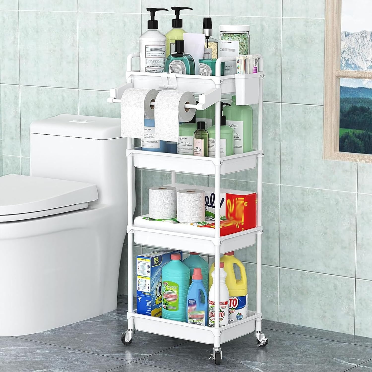 image:imageSPACEKEEPER Rolling Storage Cart 4Tier Bathroom Organizer Utility Cart Laundry Room Organization Mobile Shelving Unit with Towel Rack Lockable Wheel Hooks amp Cup for Kitchen Bedroom Office GreyWhite