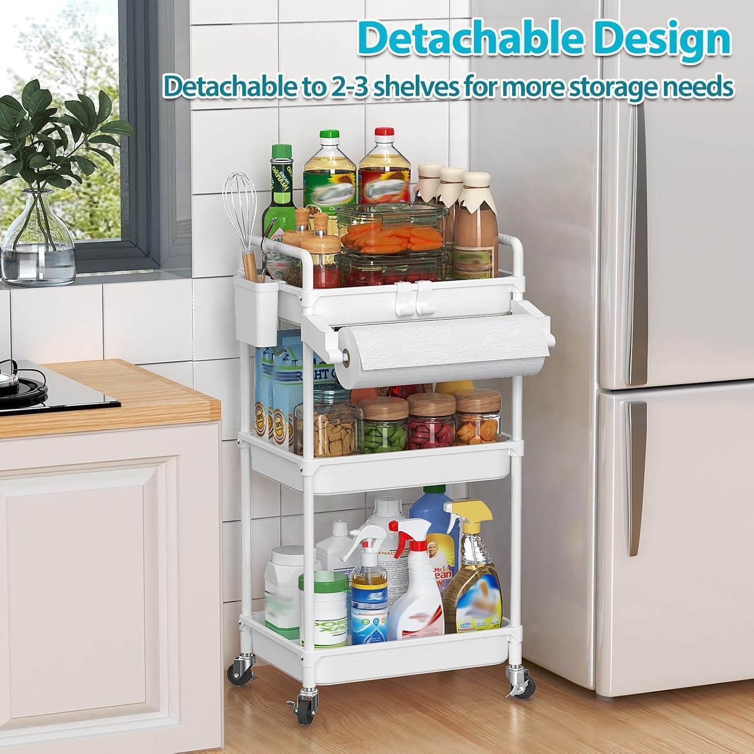 image:imageSPACEKEEPER Rolling Storage Cart 4Tier Bathroom Organizer Utility Cart Laundry Room Organization Mobile Shelving Unit with Towel Rack Lockable Wheel Hooks amp Cup for Kitchen Bedroom Office GreyWhite
