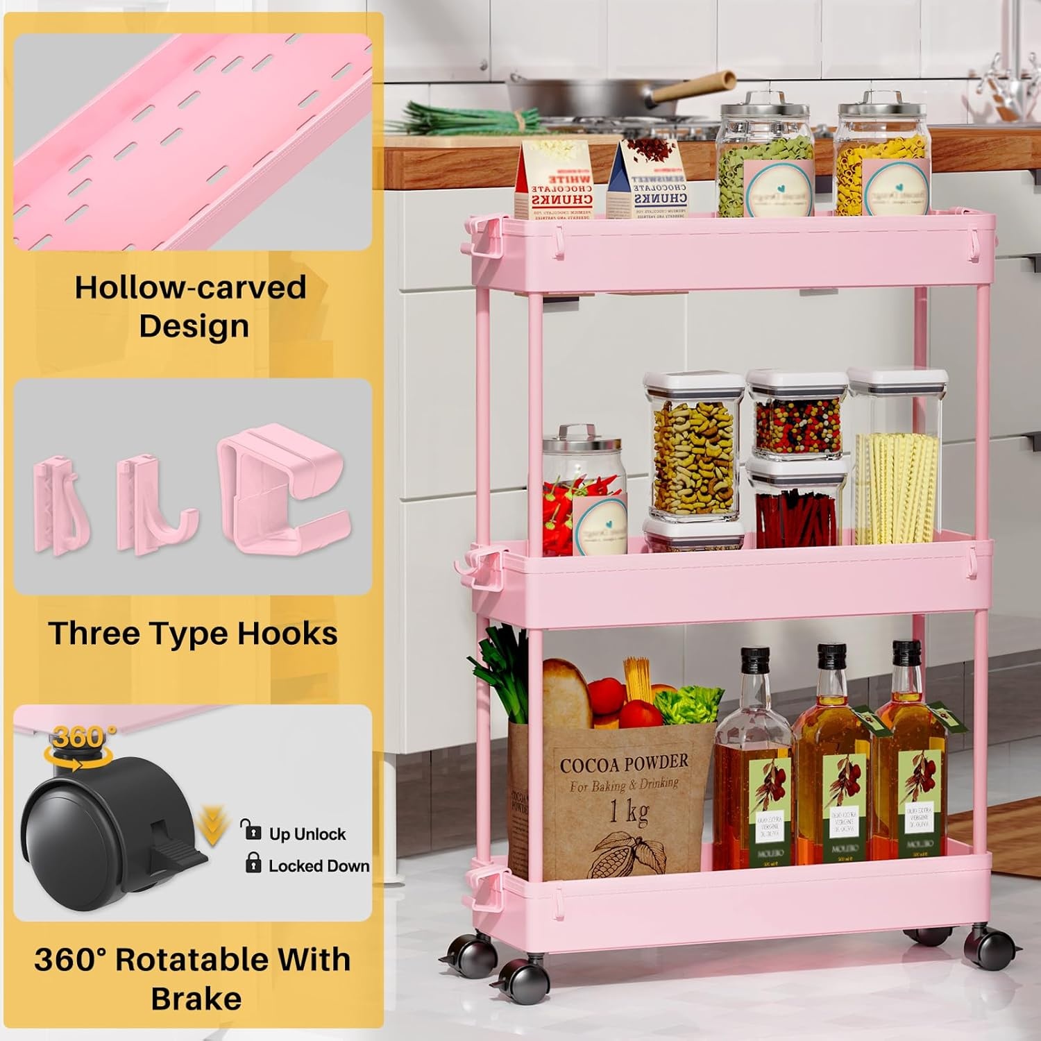 image:imageSPACEKEEPER Slim Rolling Storage Cart 3 Tier Bathroom Storage Organizer Laundry Room Utility Cart Mobile Shelving Unit MultiPurpose for Kitchen Office Bathroom Laundry Narrow Places BlackPink