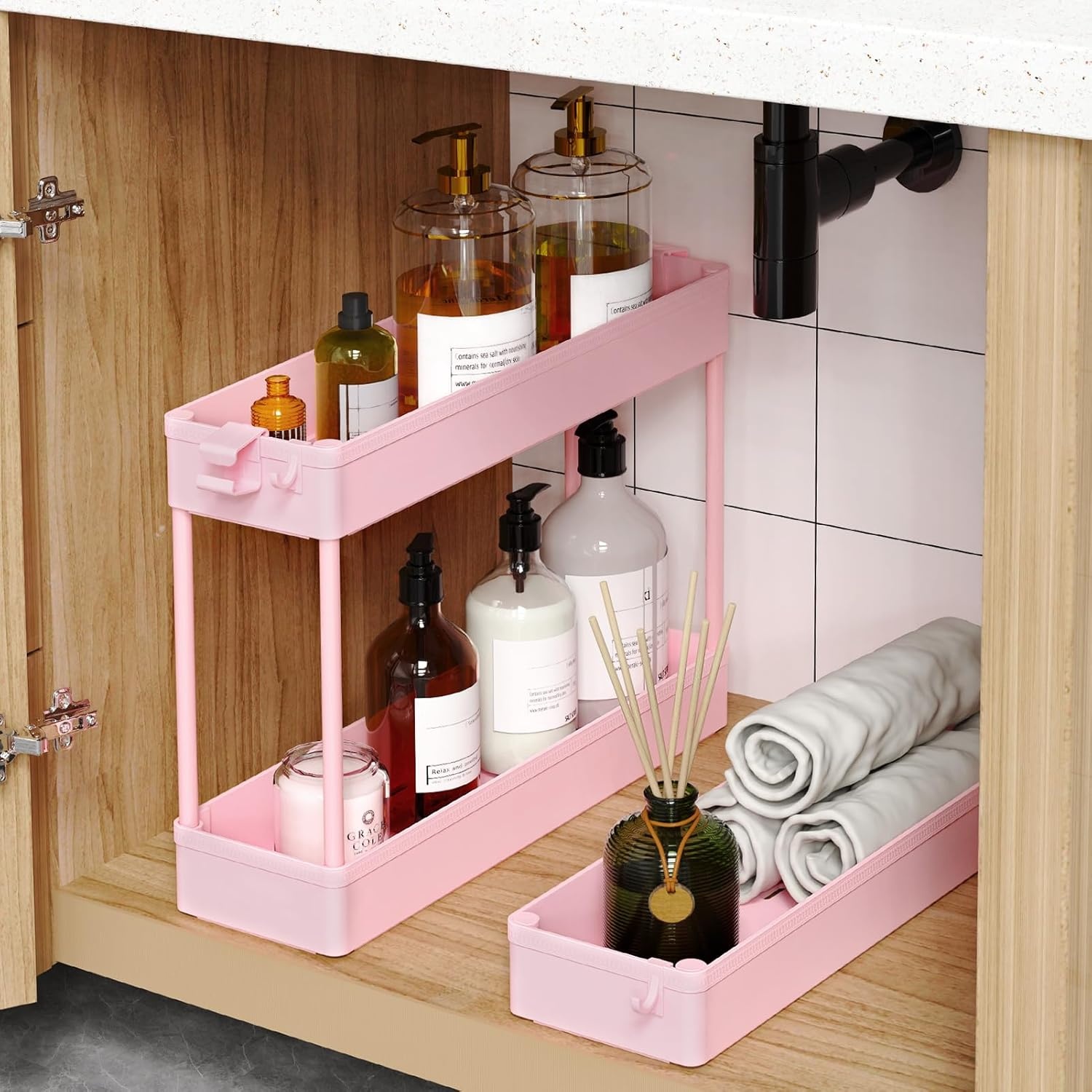 image:imageSPACEKEEPER Slim Rolling Storage Cart 3 Tier Bathroom Storage Organizer Laundry Room Utility Cart Mobile Shelving Unit MultiPurpose for Kitchen Office Bathroom Laundry Narrow Places BlackPink
