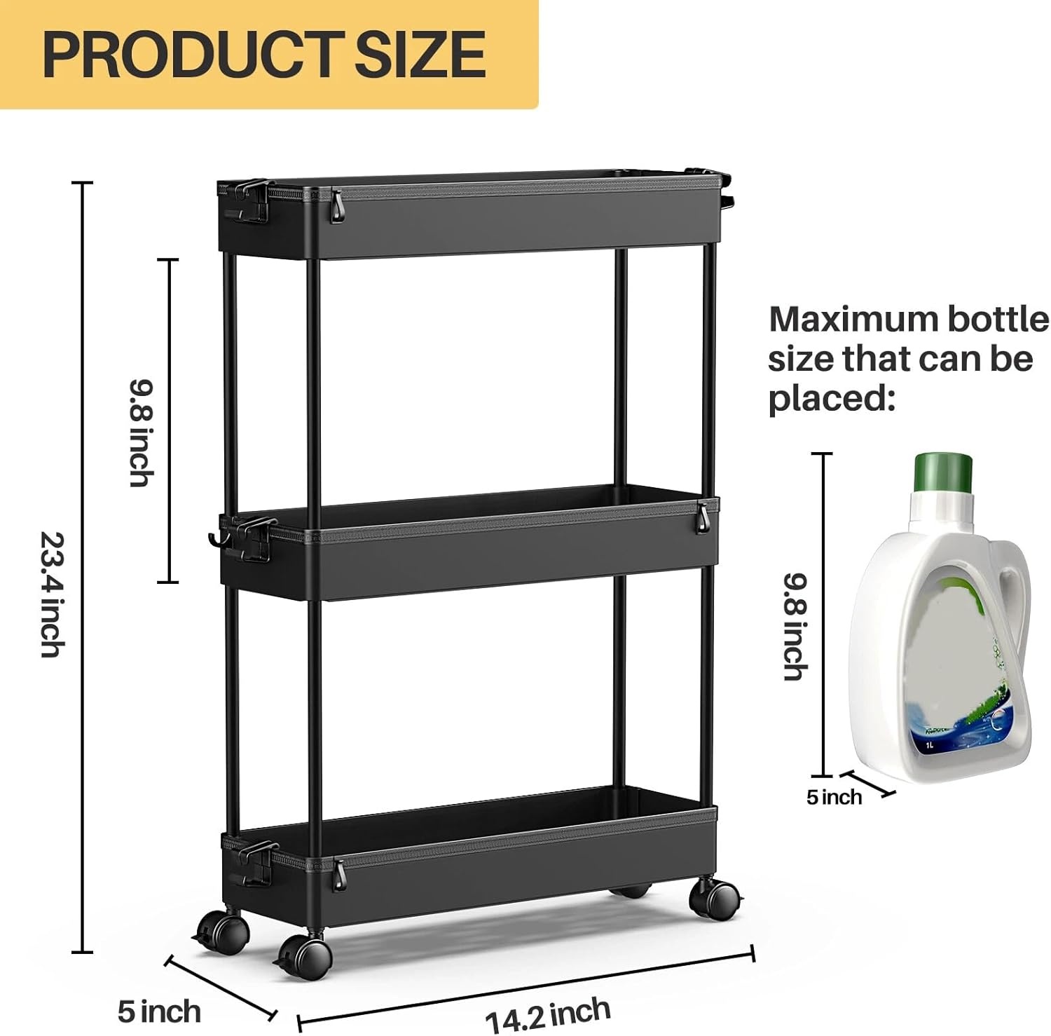 image:imageSPACEKEEPER Slim Rolling Storage Cart 3 Tier Bathroom Storage Organizer Laundry Room Utility Cart Mobile Shelving Unit MultiPurpose for Kitchen Office Bathroom Laundry Narrow Places BlackBlack
