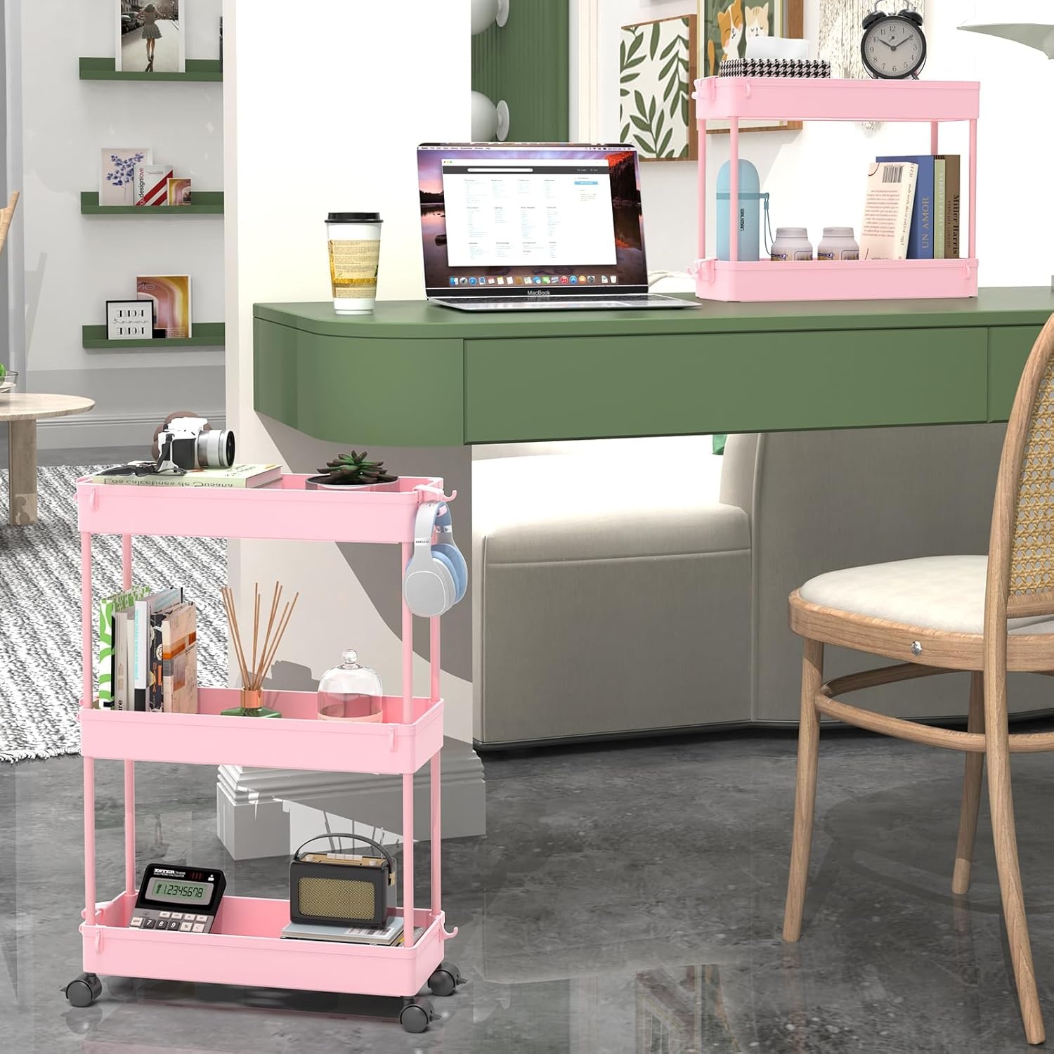 image:imageSPACEKEEPER Slim Rolling Storage Cart 3 Tier Bathroom Storage Organizer Laundry Room Utility Cart Mobile Shelving Unit MultiPurpose for Kitchen Office Bathroom Laundry Narrow Places BlackPink