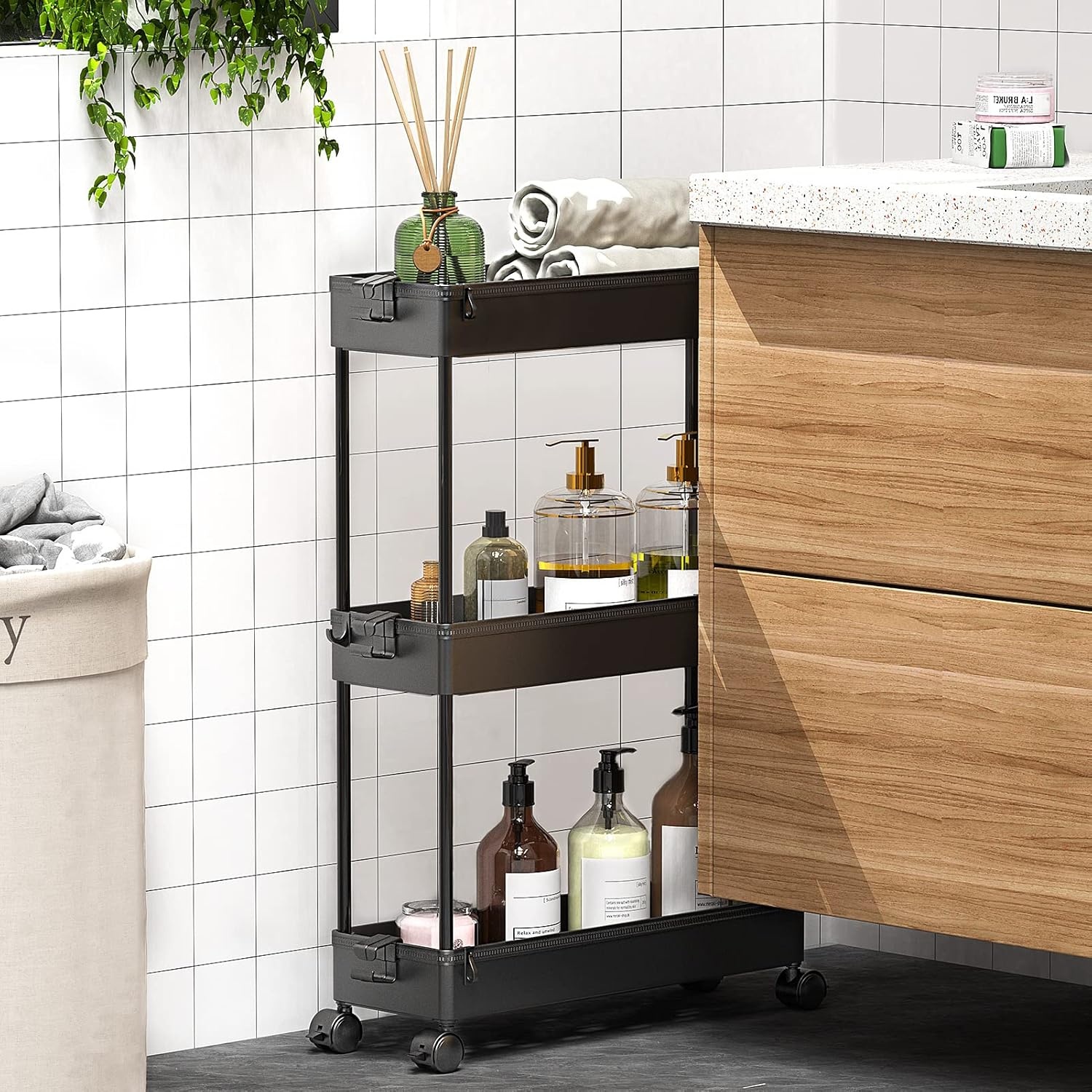 image:imageSPACEKEEPER Slim Rolling Storage Cart 3 Tier Bathroom Storage Organizer Laundry Room Utility Cart Mobile Shelving Unit MultiPurpose for Kitchen Office Bathroom Laundry Narrow Places BlackBlack