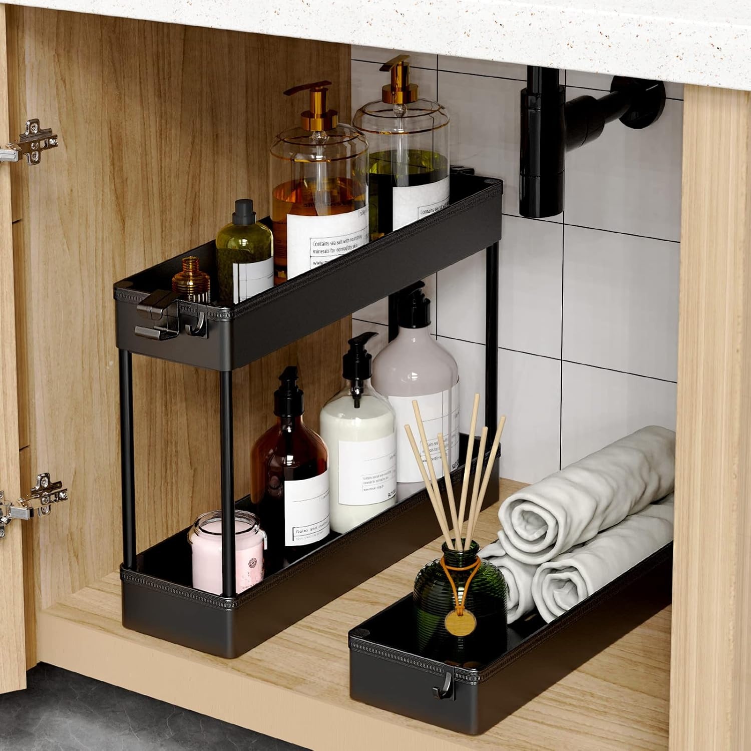 image:imageSPACEKEEPER Slim Rolling Storage Cart 3 Tier Bathroom Storage Organizer Laundry Room Utility Cart Mobile Shelving Unit MultiPurpose for Kitchen Office Bathroom Laundry Narrow Places BlackBlack