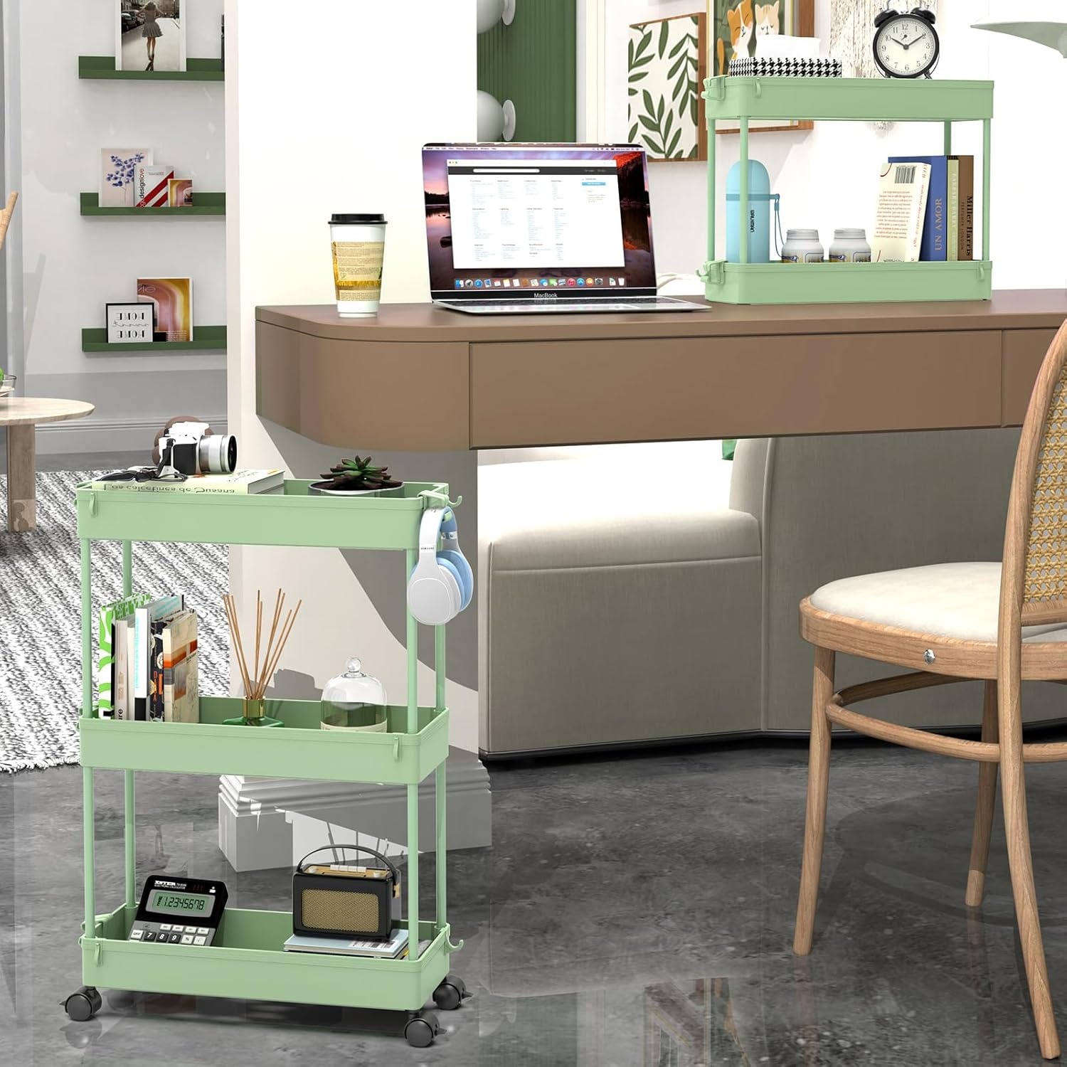 image:imageSPACEKEEPER Slim Rolling Storage Cart 3 Tier Bathroom Storage Organizer Laundry Room Utility Cart Mobile Shelving Unit MultiPurpose for Kitchen Office Bathroom Laundry Narrow Places BlackGreen