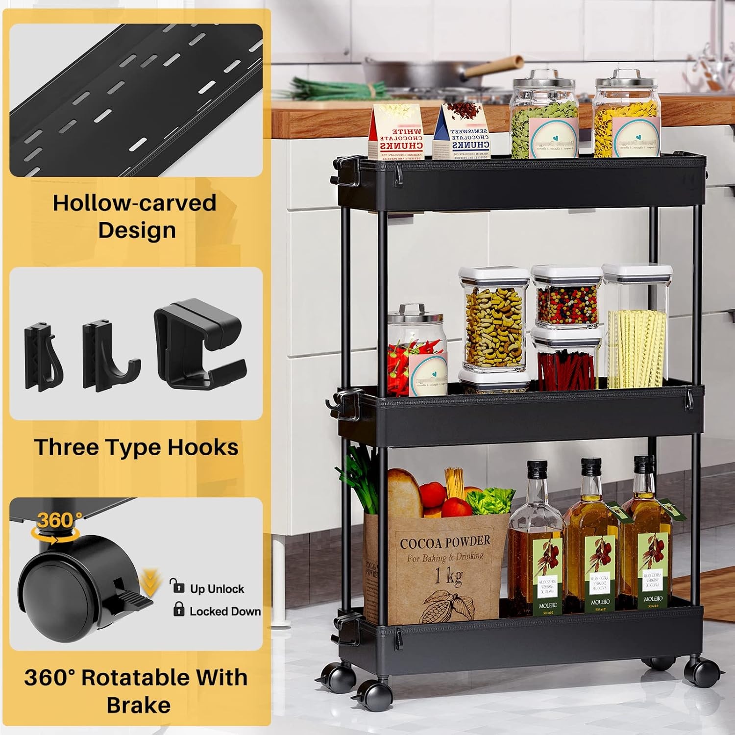 image:imageSPACEKEEPER Slim Rolling Storage Cart 3 Tier Bathroom Storage Organizer Laundry Room Utility Cart Mobile Shelving Unit MultiPurpose for Kitchen Office Bathroom Laundry Narrow Places BlackBlack