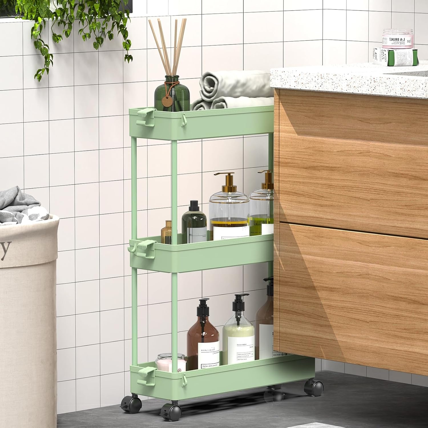 image:imageSPACEKEEPER Slim Rolling Storage Cart 3 Tier Bathroom Storage Organizer Laundry Room Utility Cart Mobile Shelving Unit MultiPurpose for Kitchen Office Bathroom Laundry Narrow Places BlackGreen