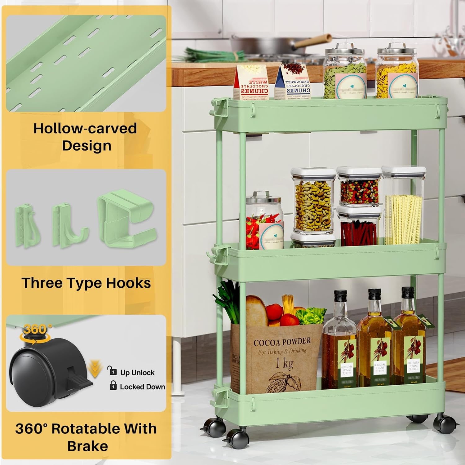image:imageSPACEKEEPER Slim Rolling Storage Cart 3 Tier Bathroom Storage Organizer Laundry Room Utility Cart Mobile Shelving Unit MultiPurpose for Kitchen Office Bathroom Laundry Narrow Places BlackGreen